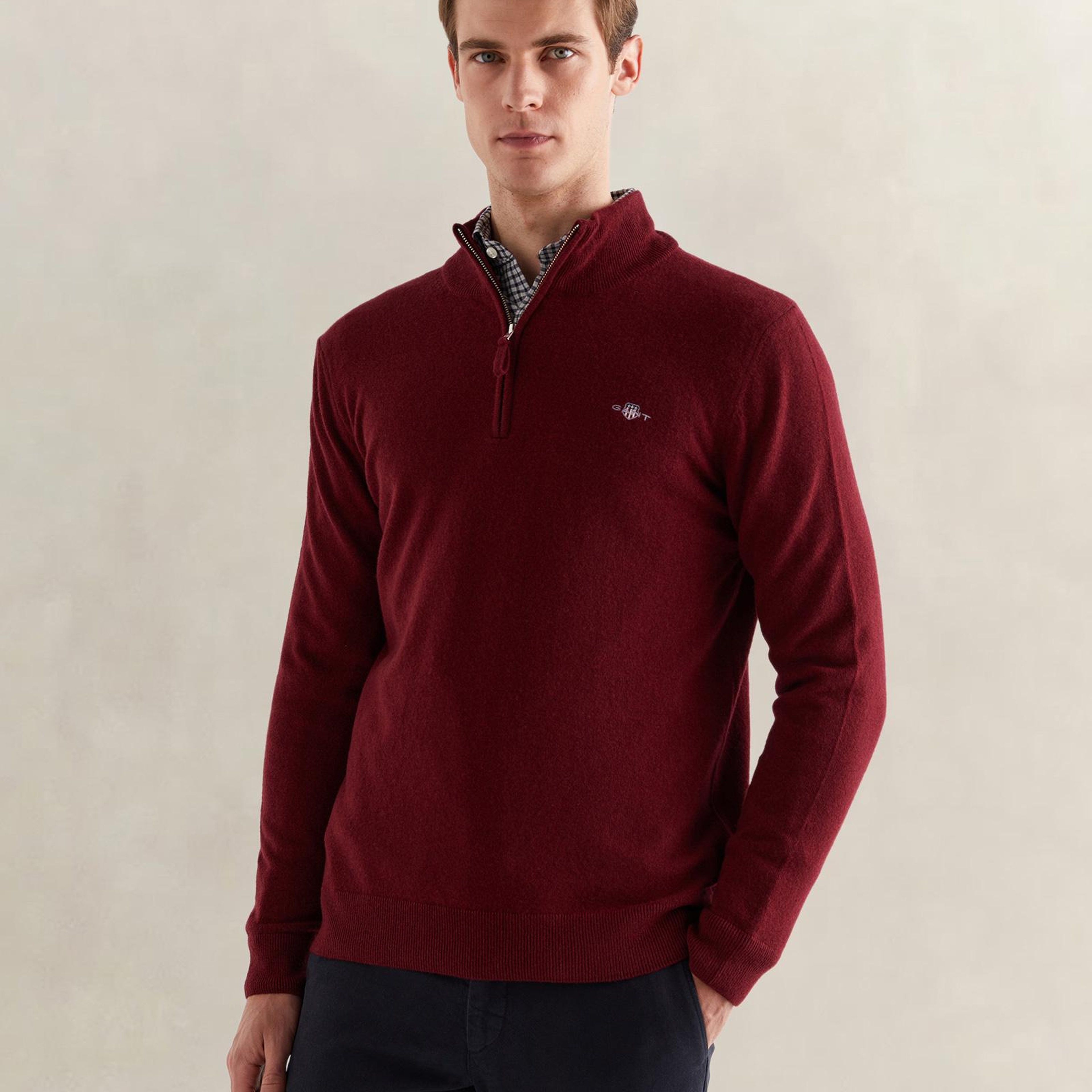 GANT Erkek Bordo Regular Fit Yarım Fermuarlı Yün Kazak