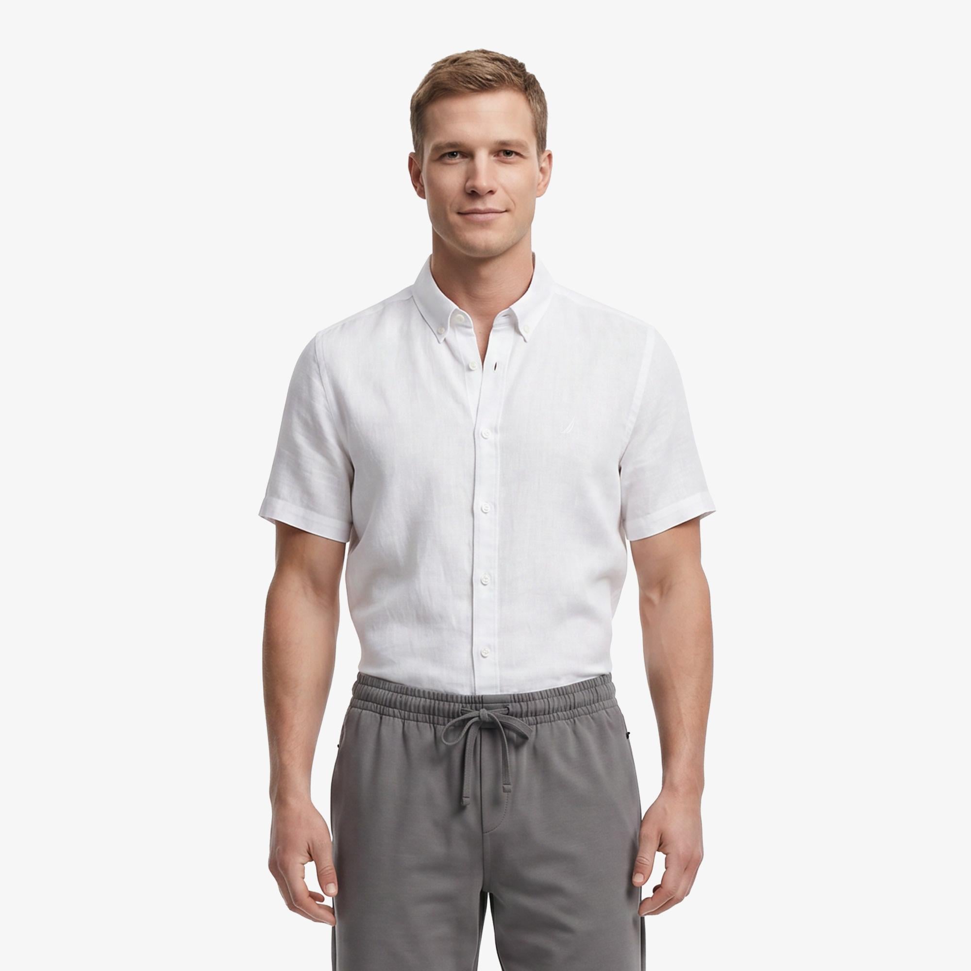 Nautica Erkek Açık Gri Regular Fit Kısa Kollu Keten Gömlek