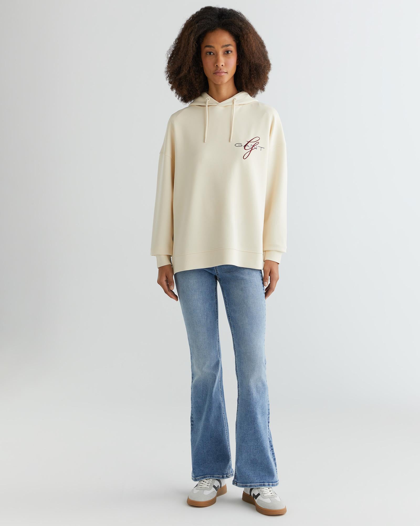GANT Kadın Krem Oversize Fit Kapüşonlu Logolu Sweatshirt