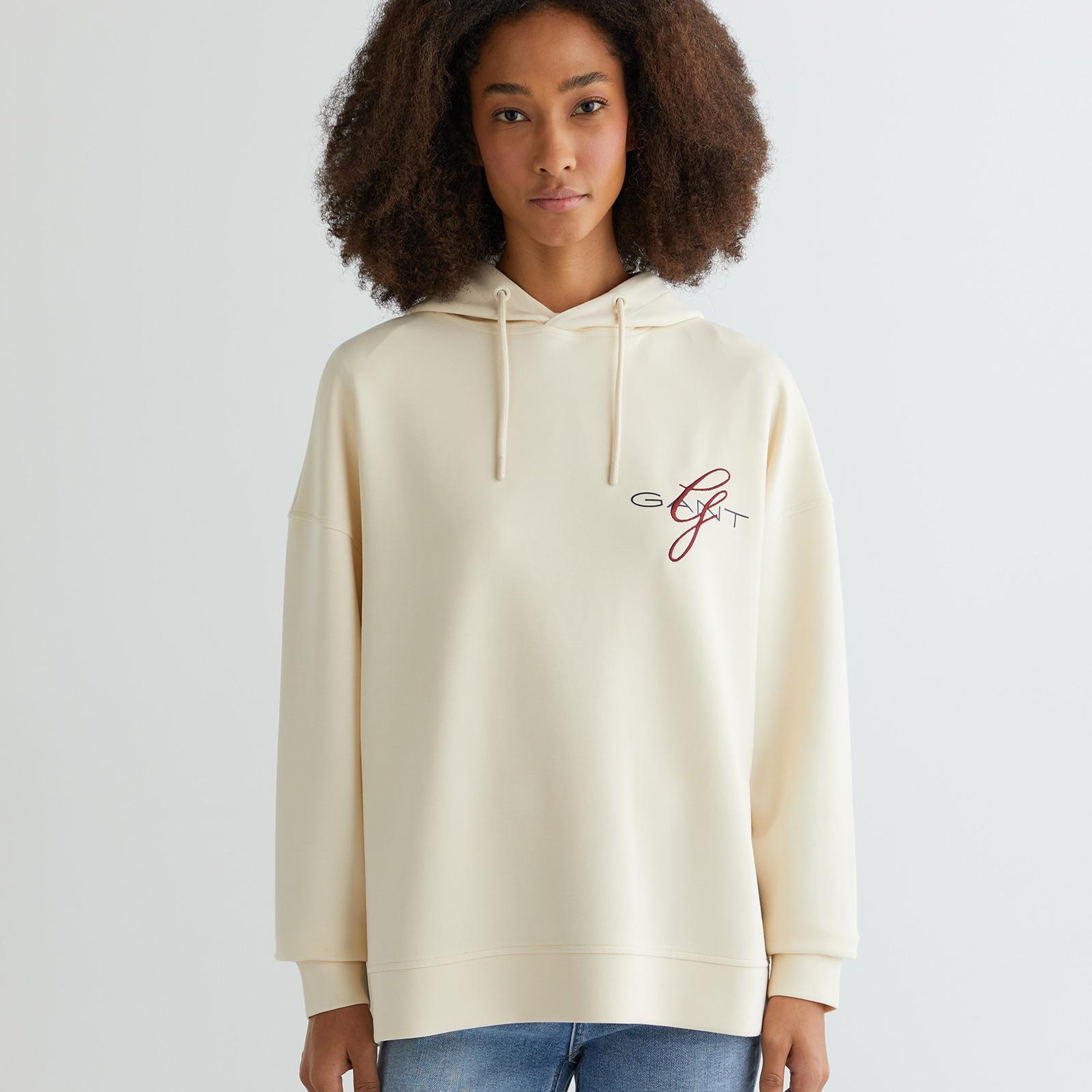 GANT Kadın Krem Oversize Fit Kapüşonlu Logolu Sweatshirt