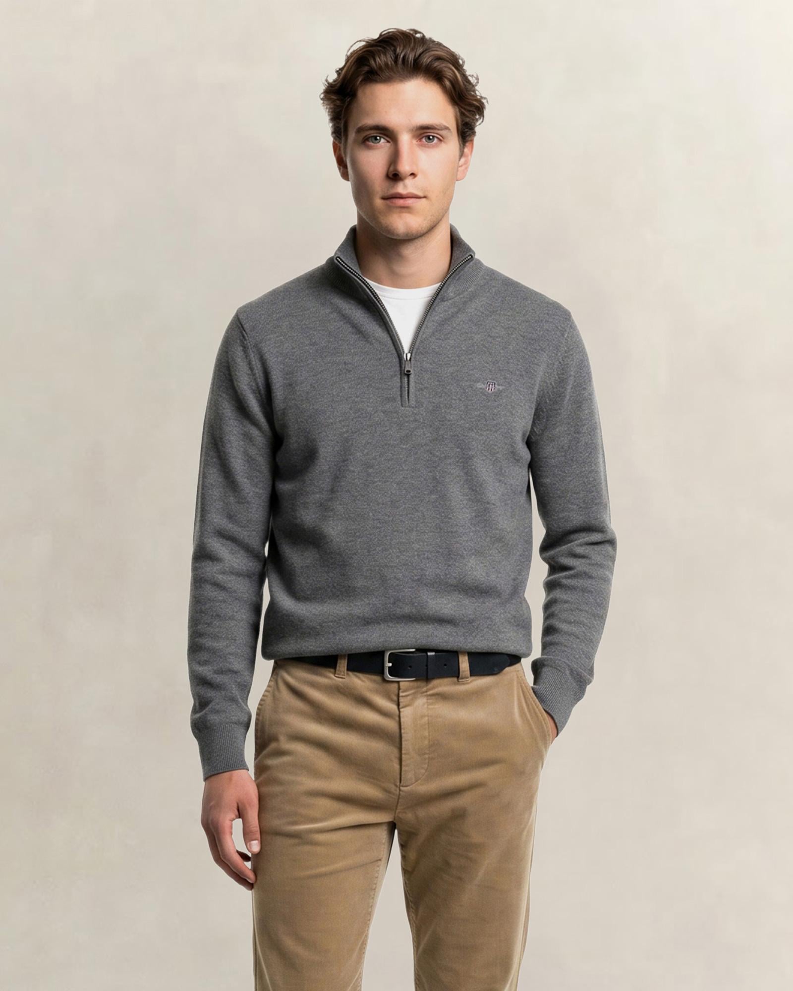 GANT Erkek Gri Regular Fit Yarım Fermuarlı Yün Kazak