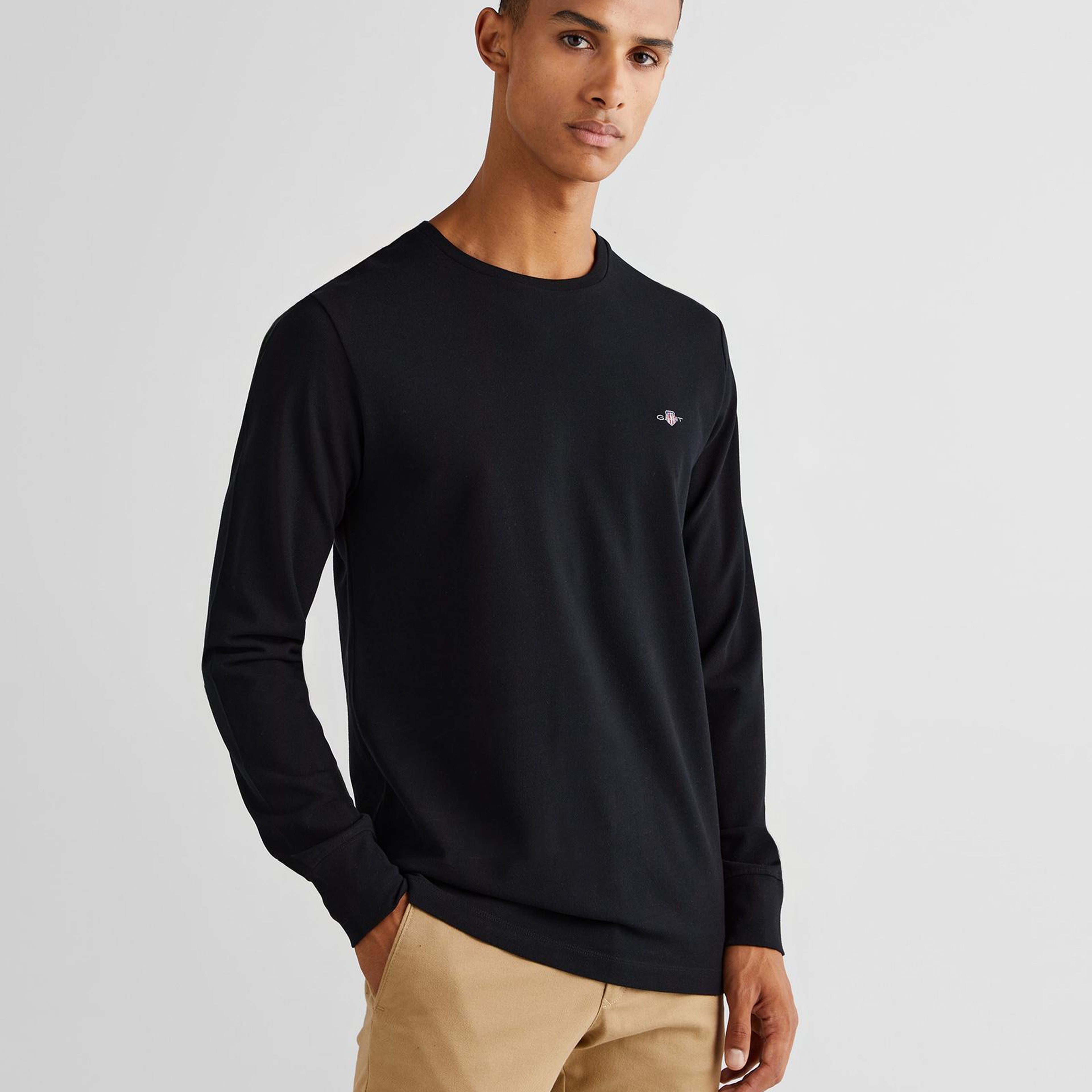 GANT Erkek Siyah Slim Fit Bisiklet Yaka Uzun Kollu T-Shirt
