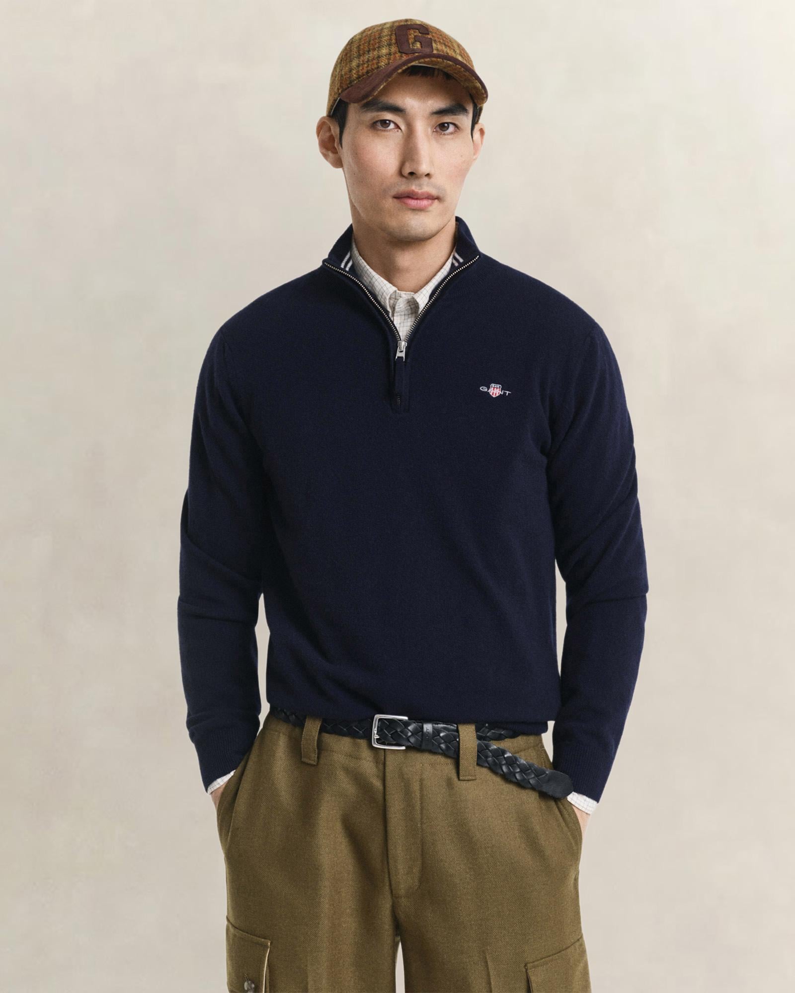 GANT Erkek Lacivert Regular Fit Yarım Fermuarlı Yün Kazak
