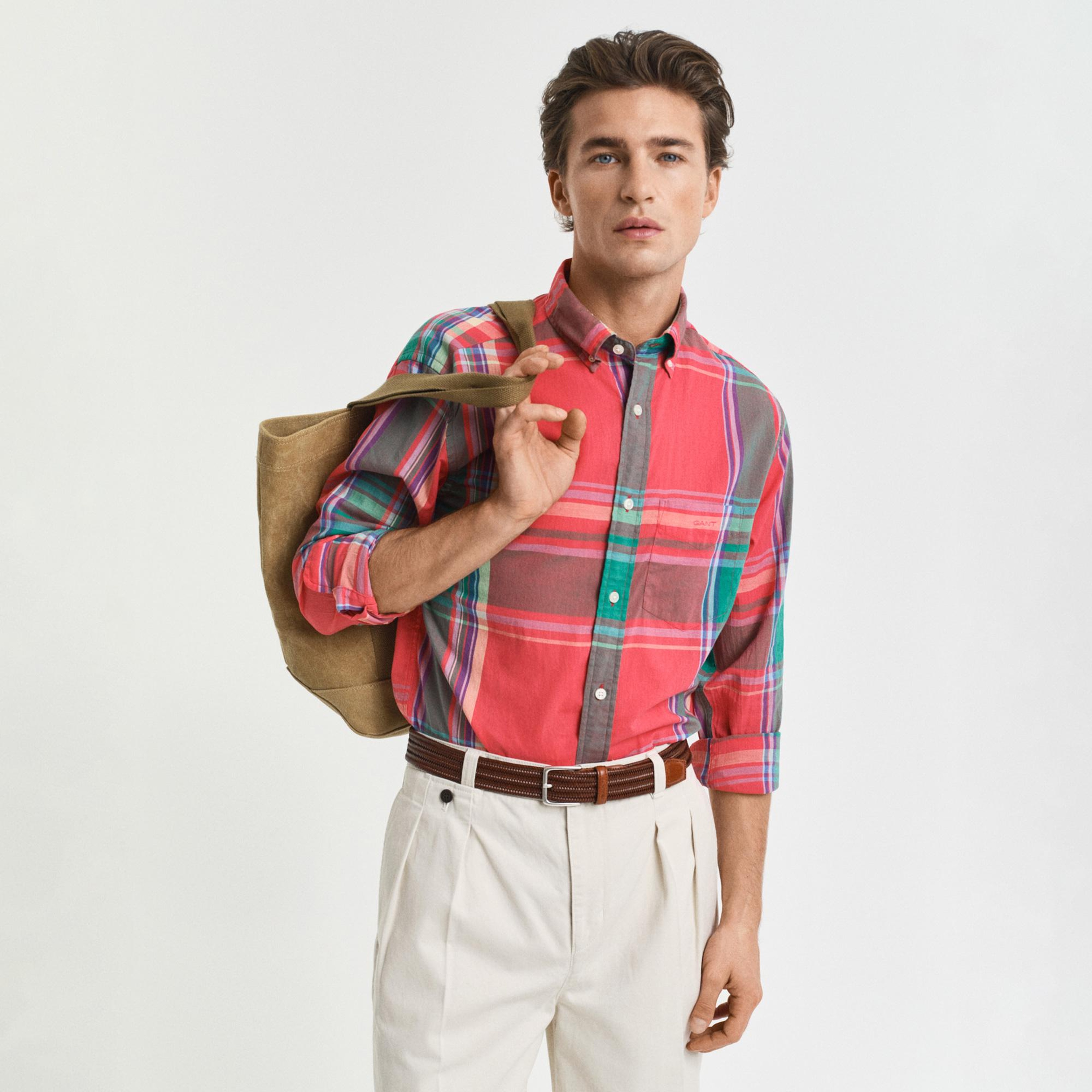 GANT Erkek Kırmızı Regular Fit Düğmeli Yaka Kareli Gömlek