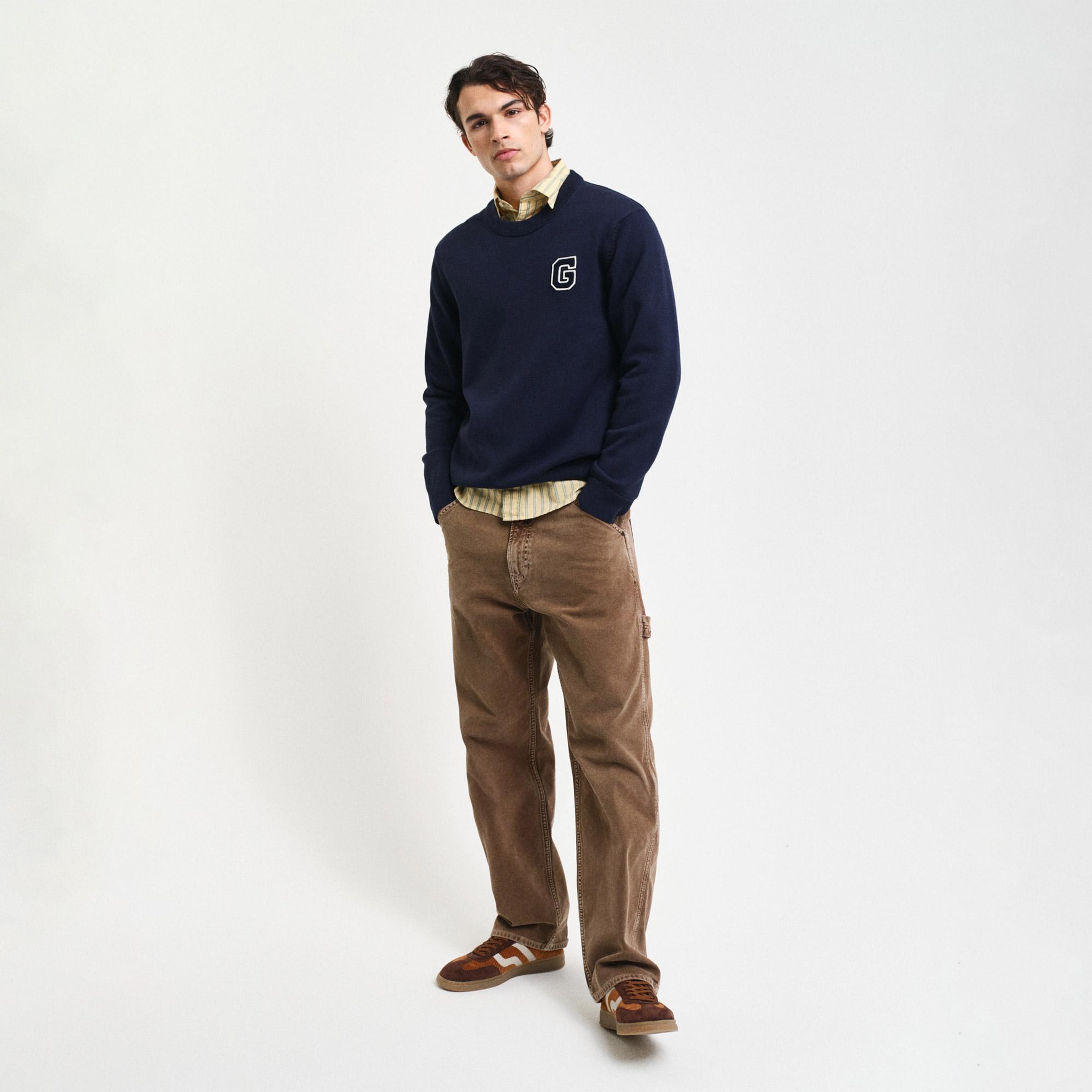 GANT Erkek Lacivert Relaxed Fit Bisiklet Yaka Logolu Kazak