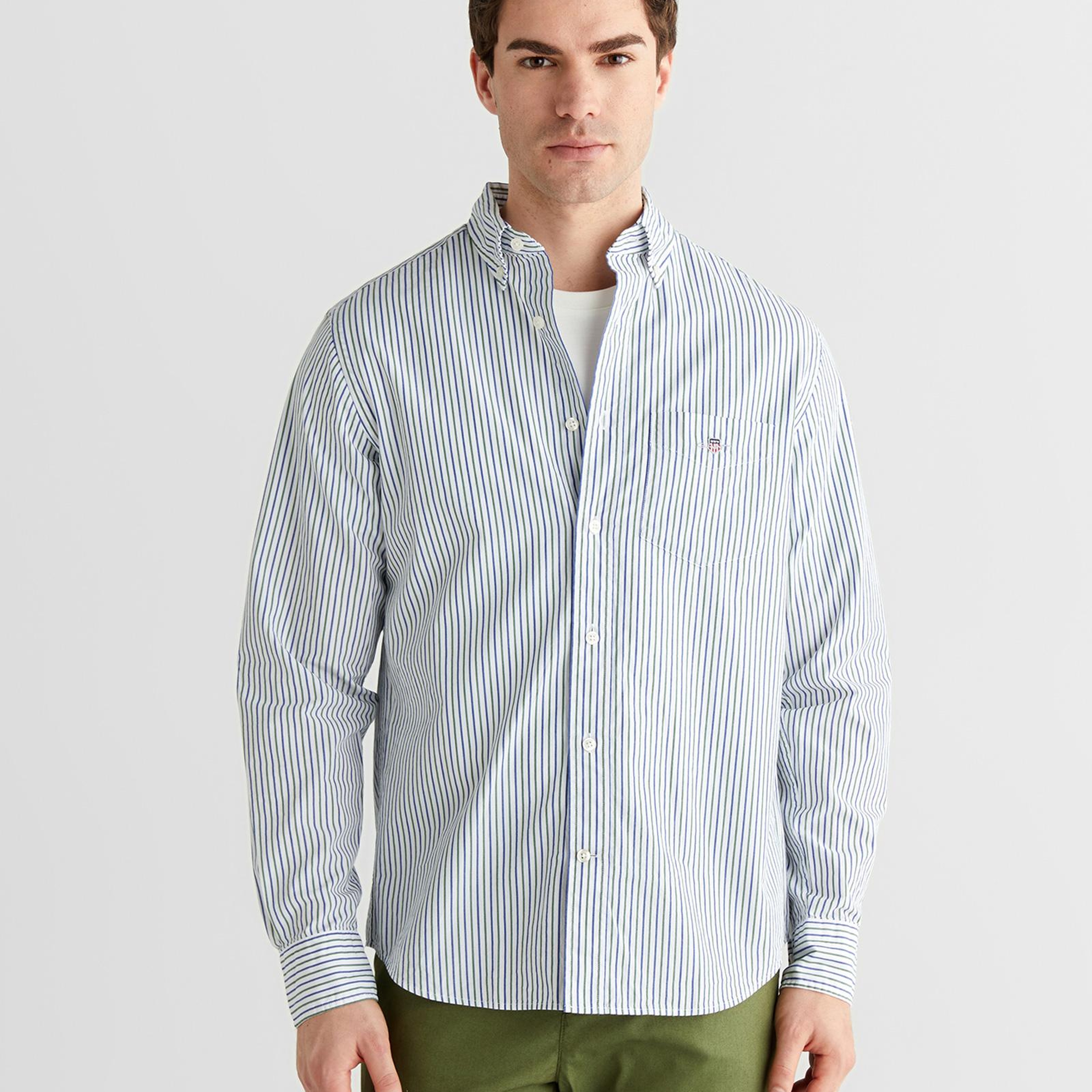 GANT Erkek Mavi Yeşil Çizgili Regular Fit Gömlek