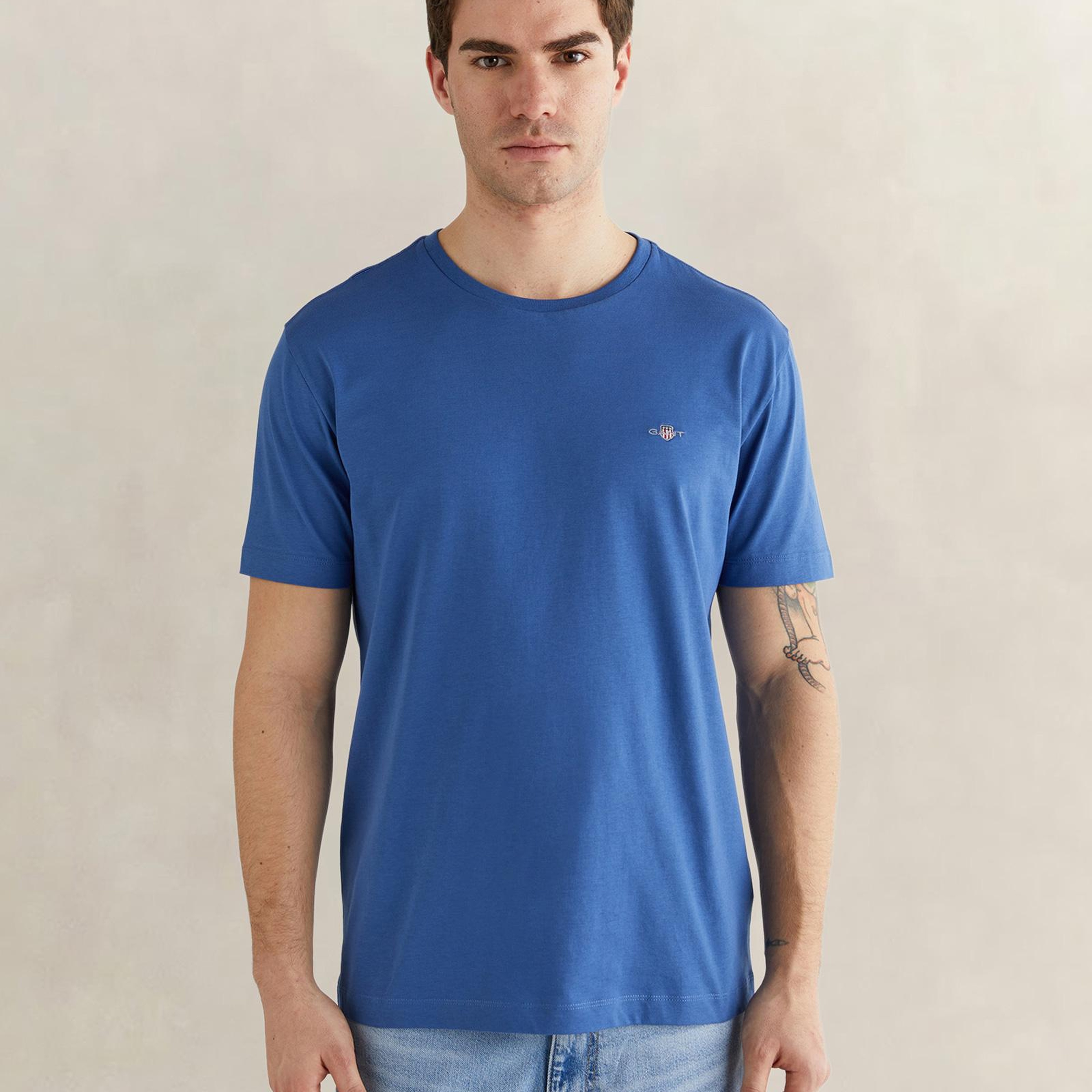 GANT Erkek Mavi Bisiklet Yaka Regular Fit Logolu T-Shirt