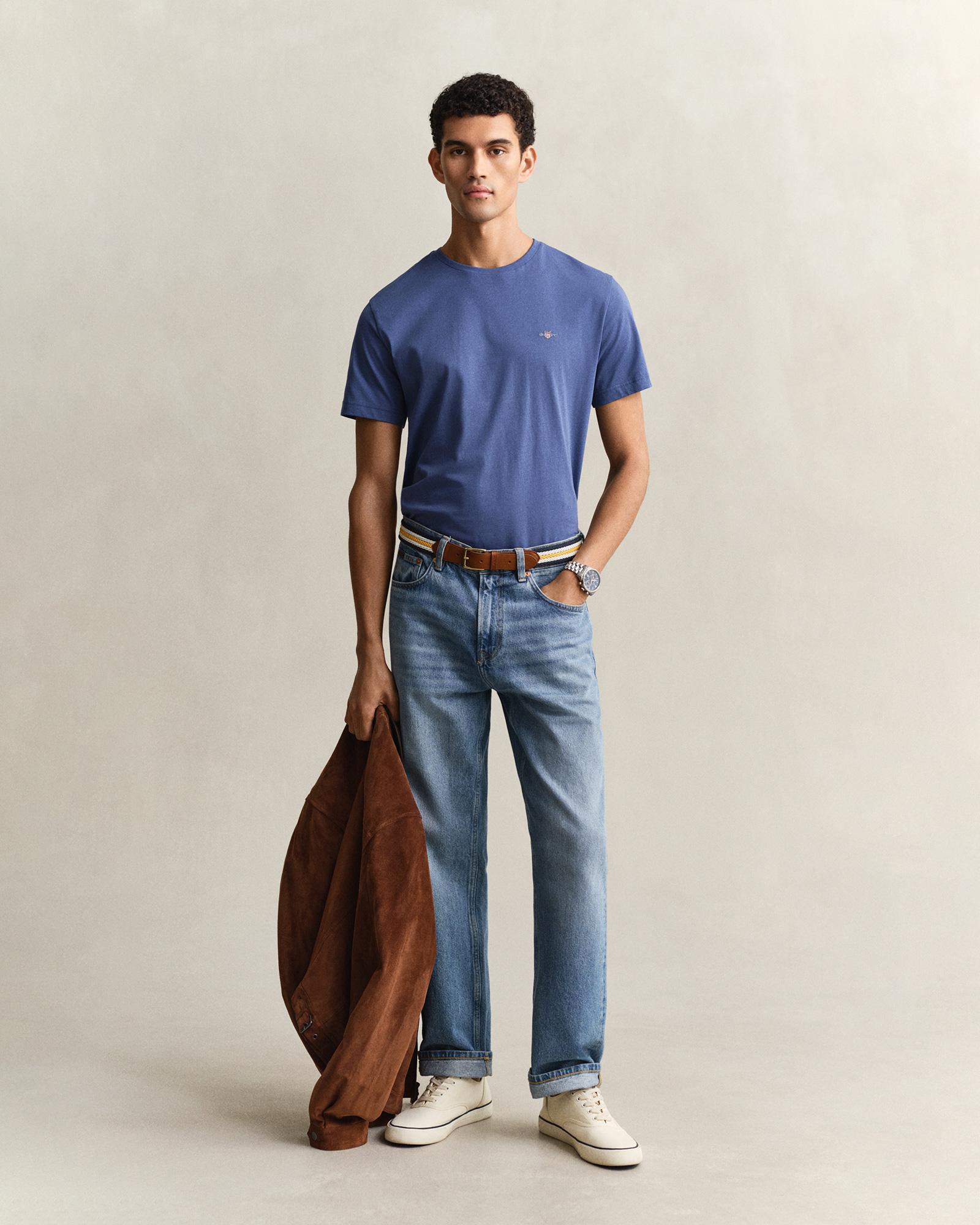 GANT Erkek Mavi Bisiklet Yaka Regular Fit Logolu T-Shirt