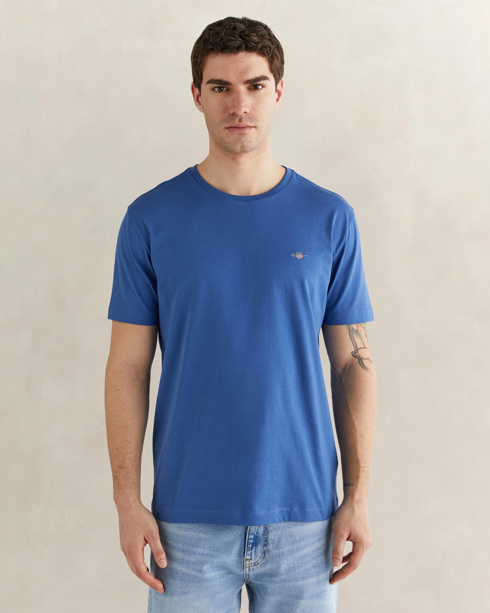 GANT Erkek Mavi Bisiklet Yaka Regular Fit Logolu T-Shirt