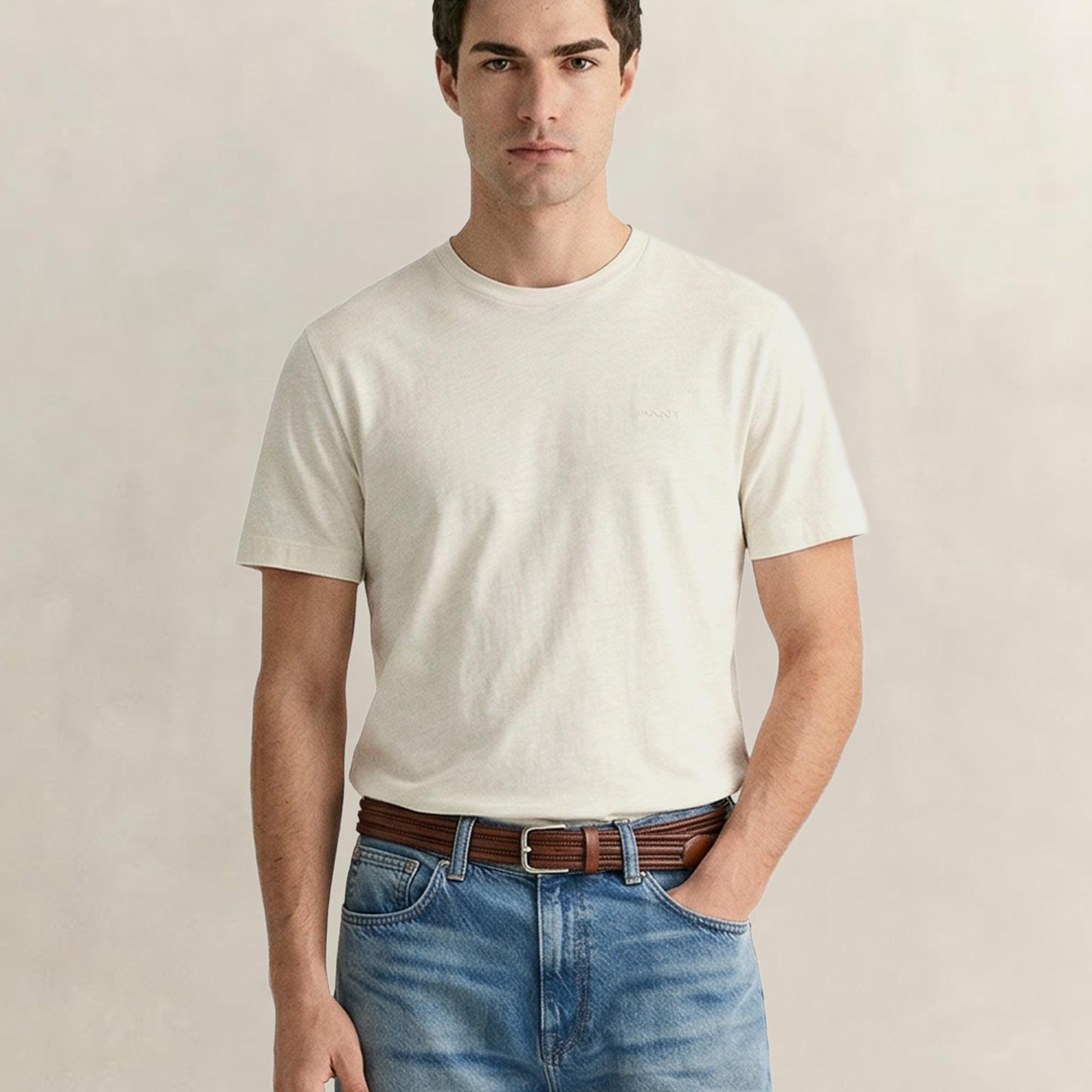 GANT Erkek Krem Bisiklet Yaka Regular Fit T-Shirt