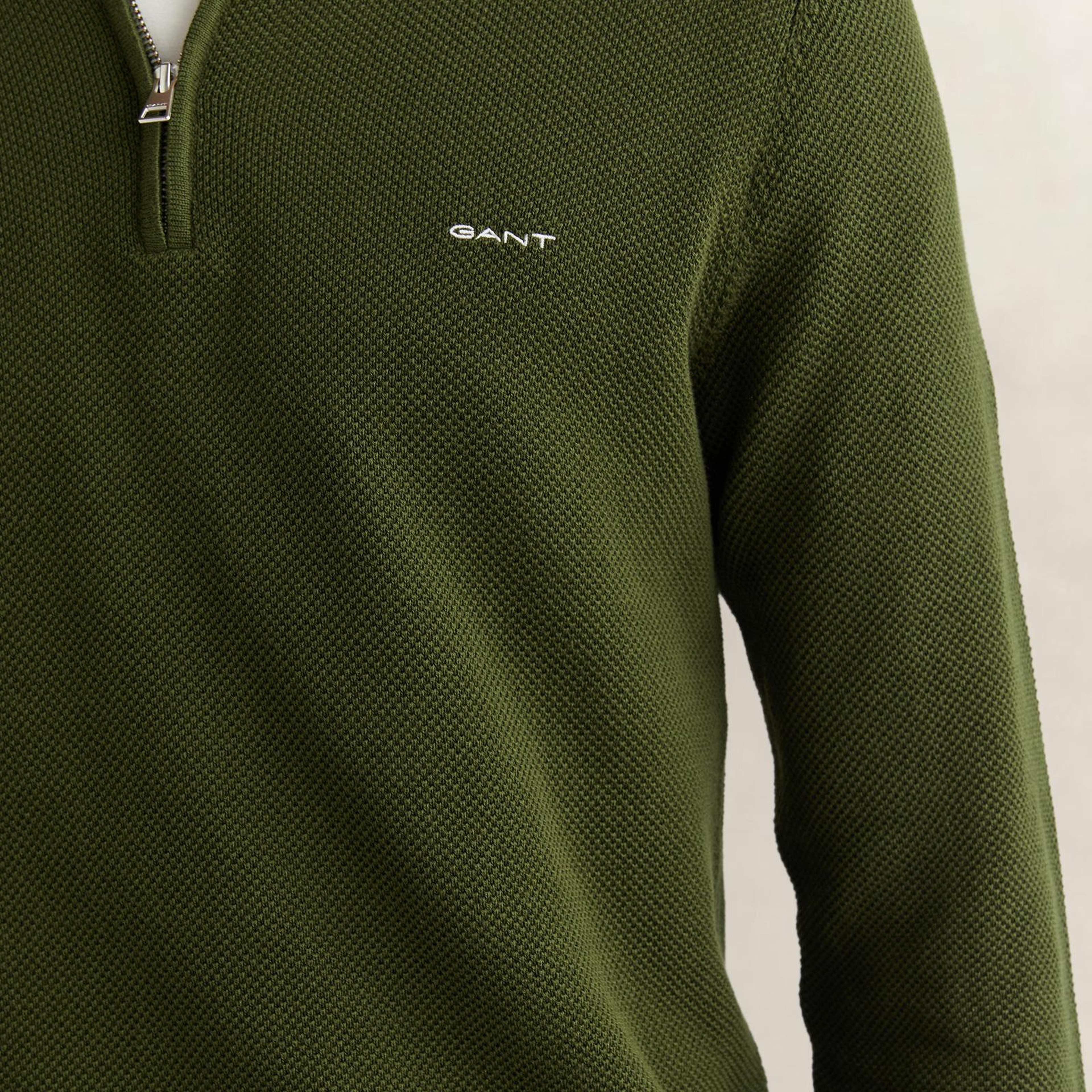 GANT Erkek Haki Regular Fit Yarım Fermuarlı Triko