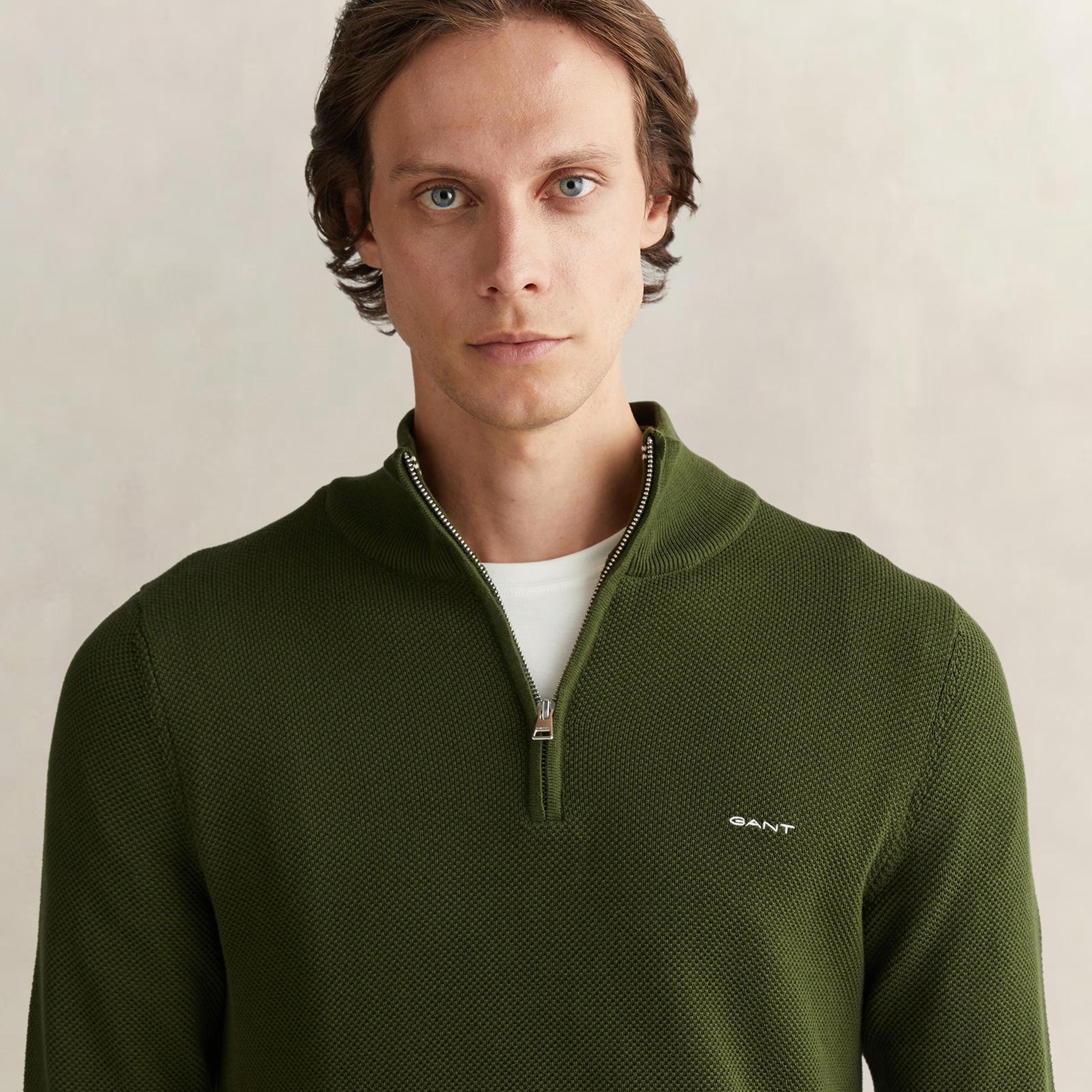GANT Erkek Haki Regular Fit Yarım Fermuarlı Triko
