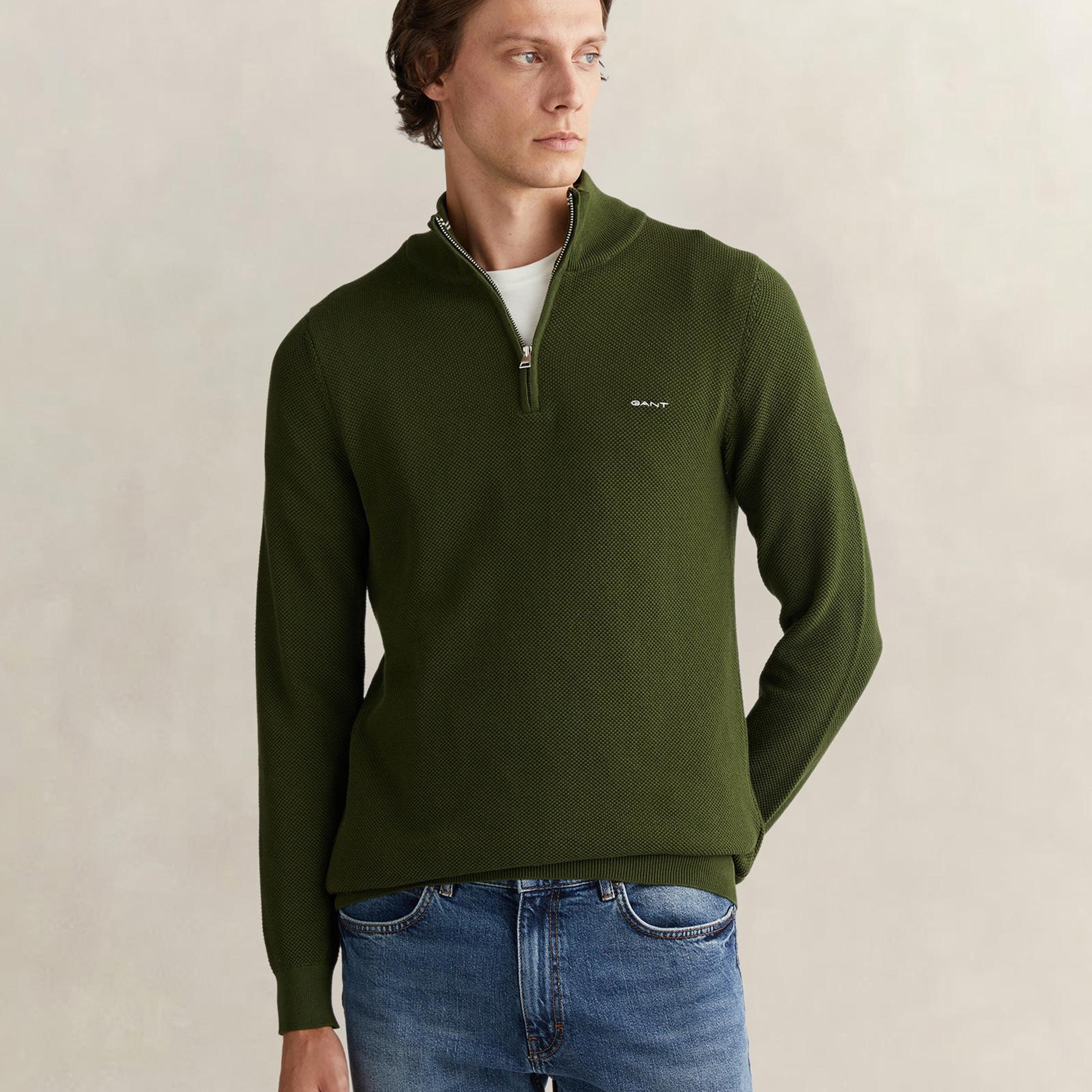 GANT Erkek Haki Regular Fit Yarım Fermuarlı Triko