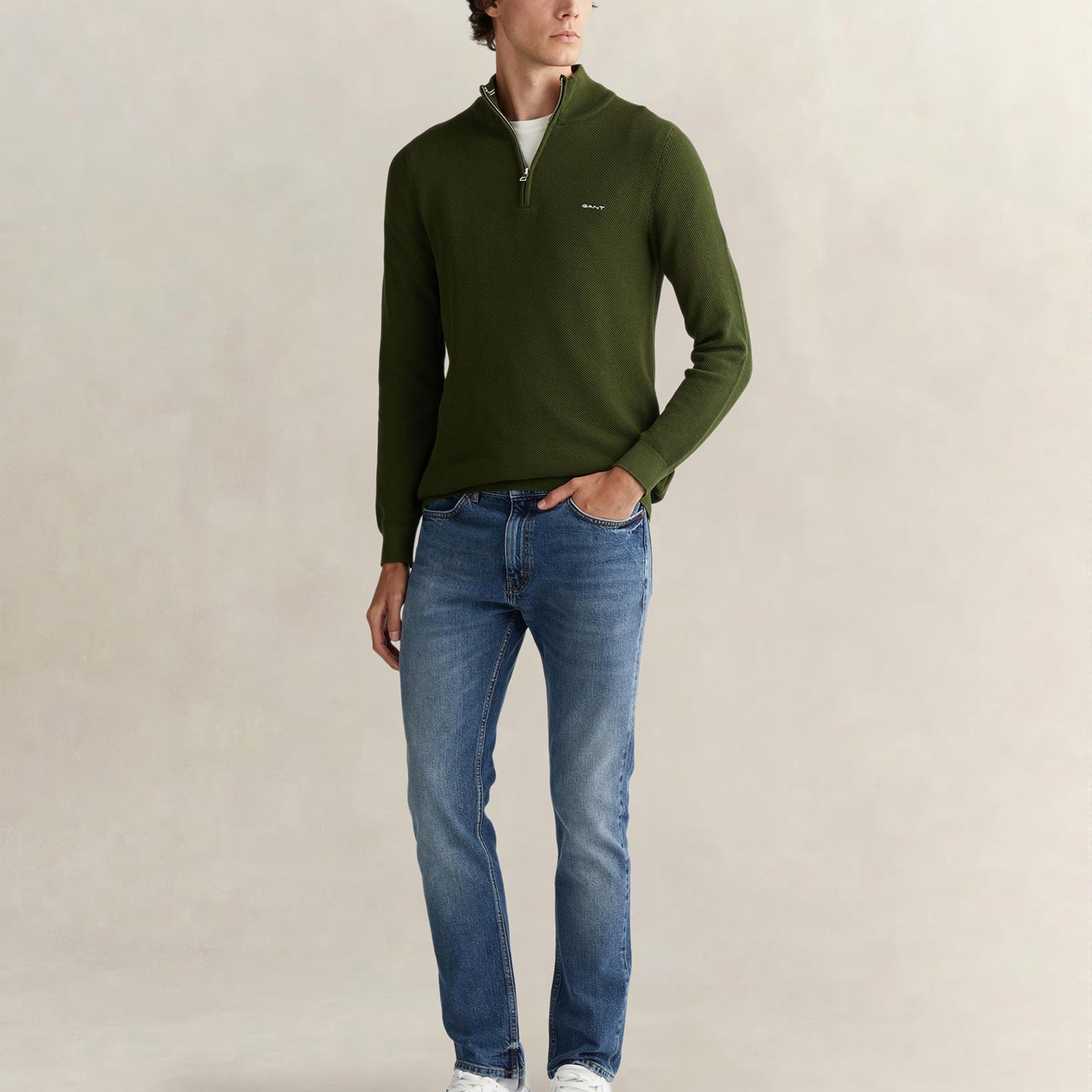 GANT Erkek Haki Regular Fit Yarım Fermuarlı Triko