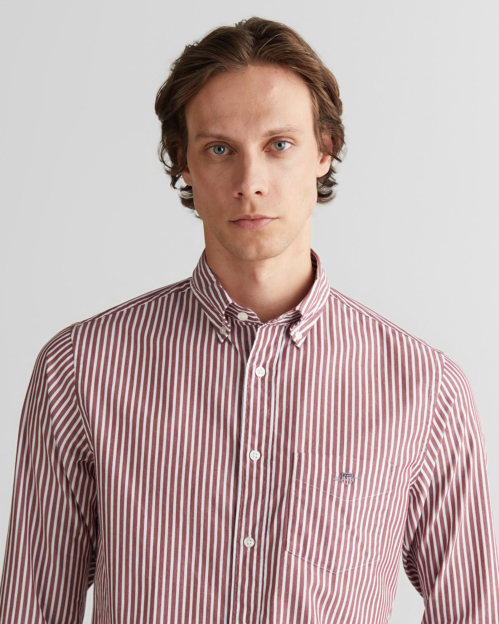 GANT Erkek Bordo Regular Fit Düğmeli Yaka Çizgili Poplin Gömlek