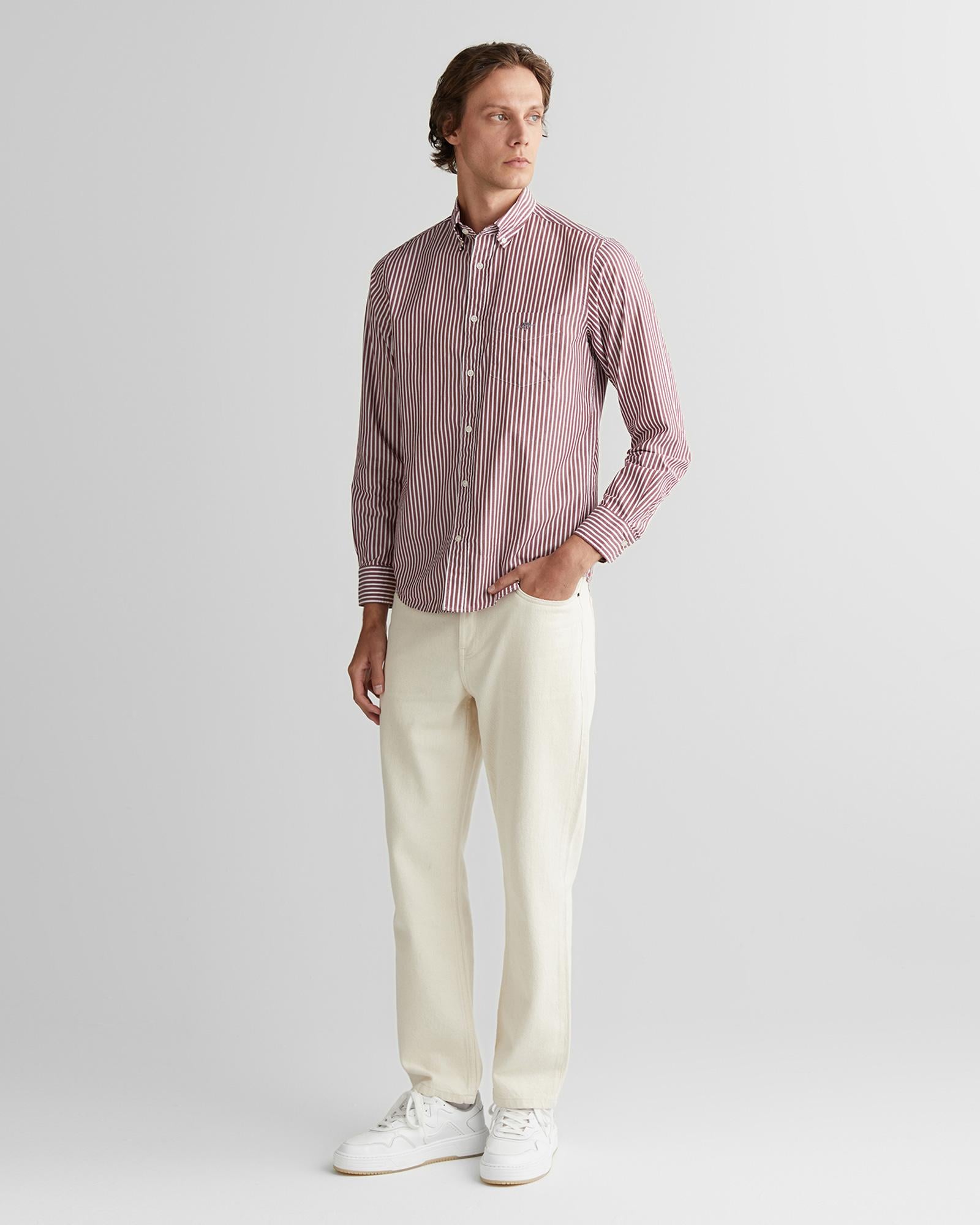 GANT Erkek Bordo Regular Fit Düğmeli Yaka Çizgili Poplin Gömlek