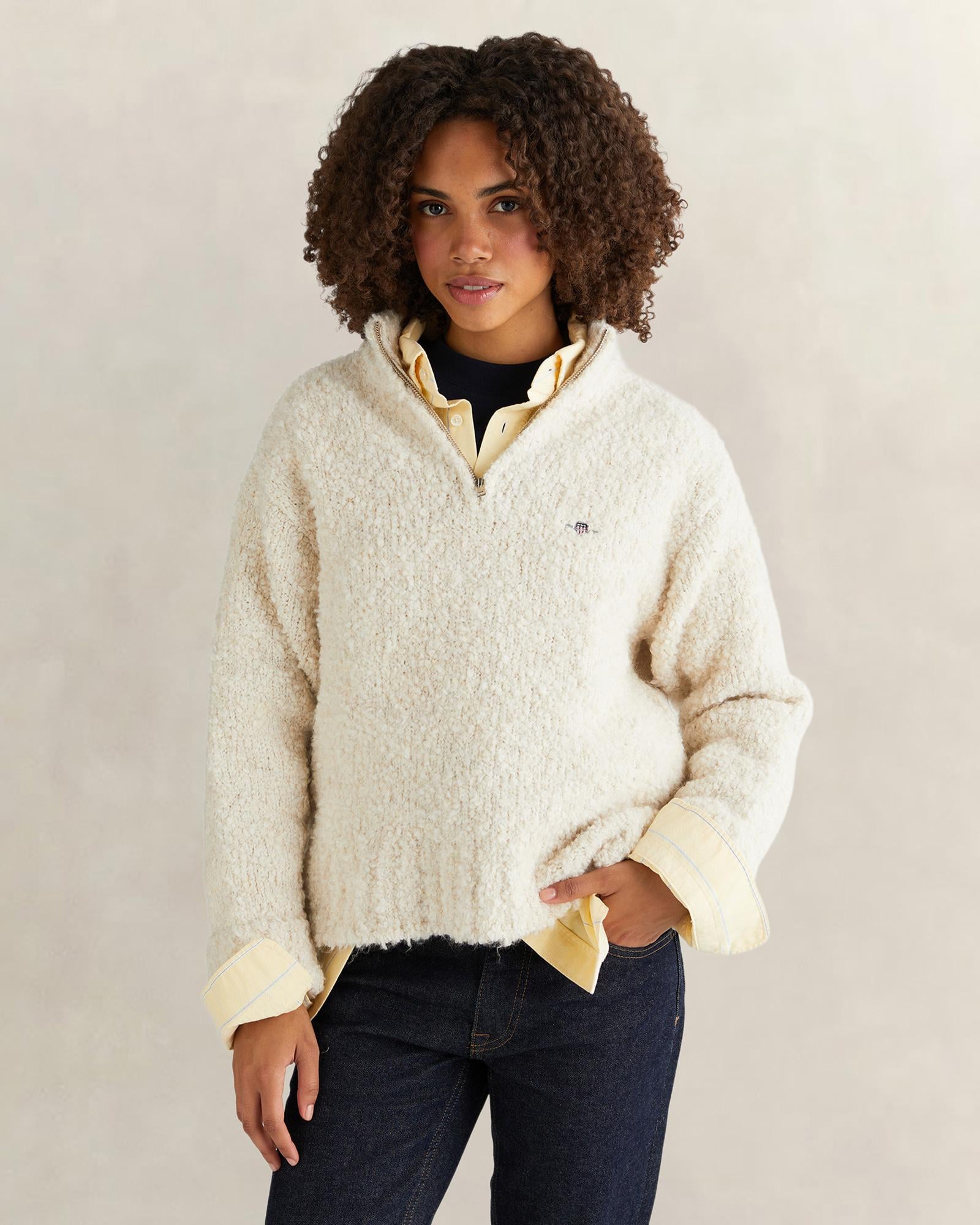 GANT Kadın Krem Relaxed Fit Yarım Fermuarlı Triko