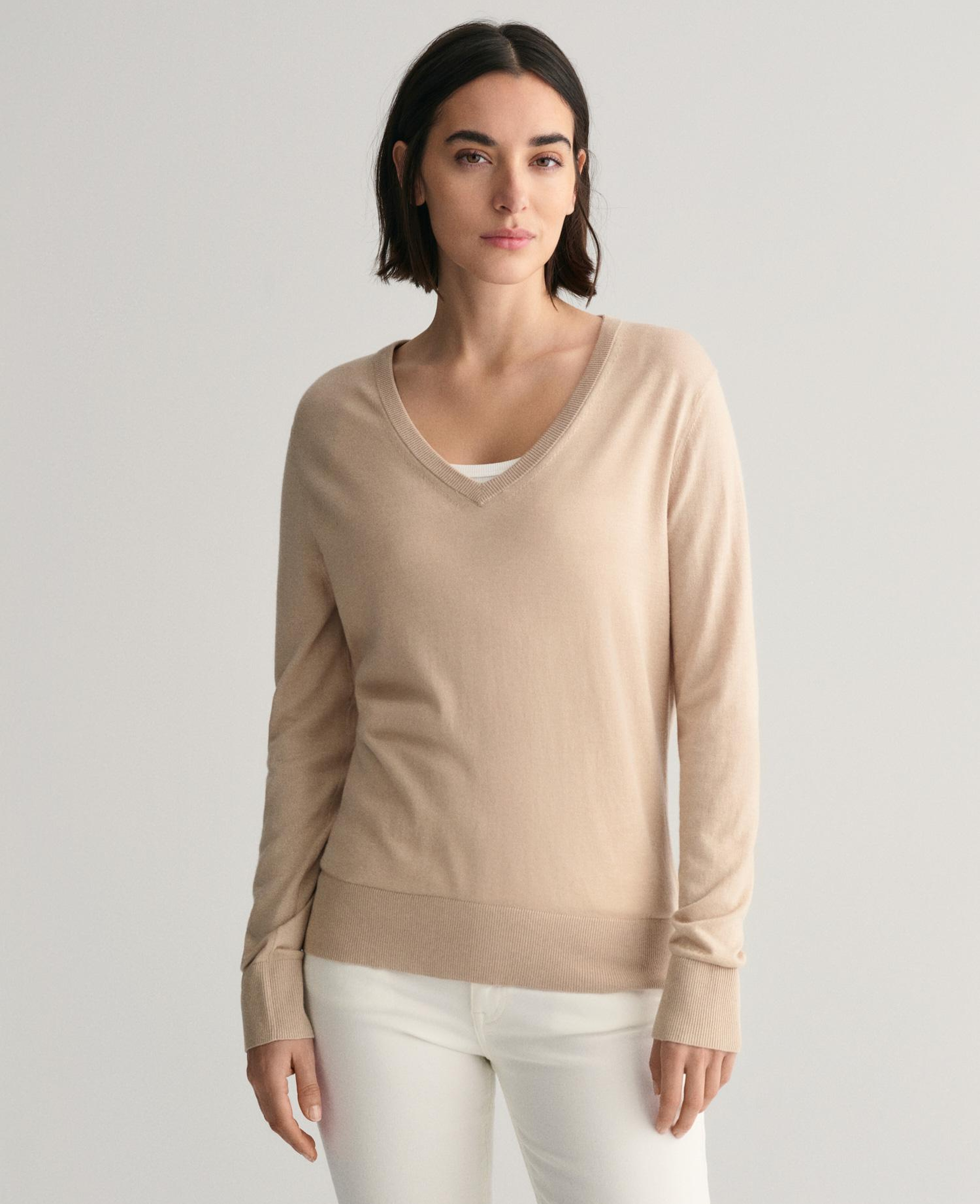 GANT Kadın Bej Regular Fit V Yaka Kazak