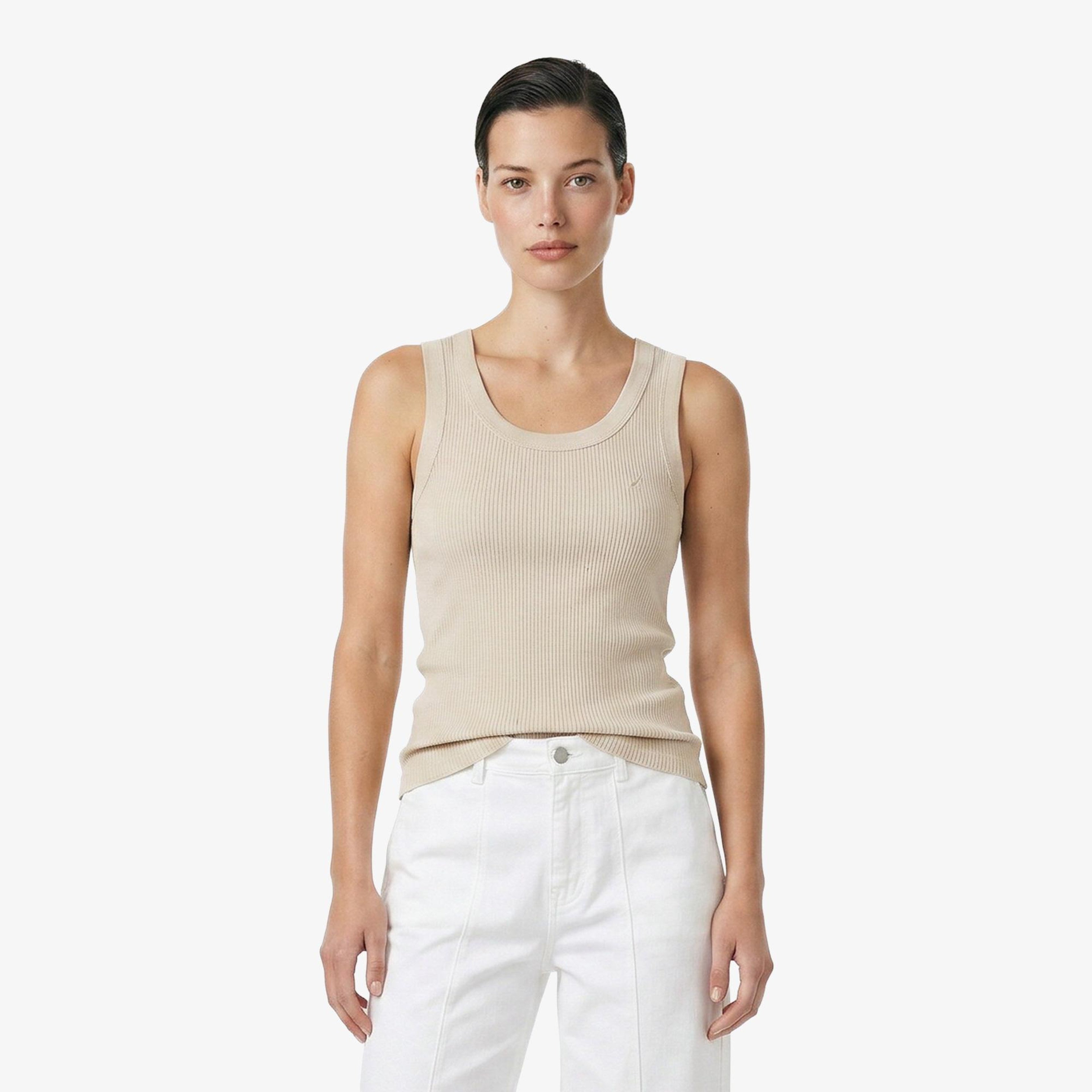 Nautica Kadın Bej Slim Fit Kolsuz T-Shirt