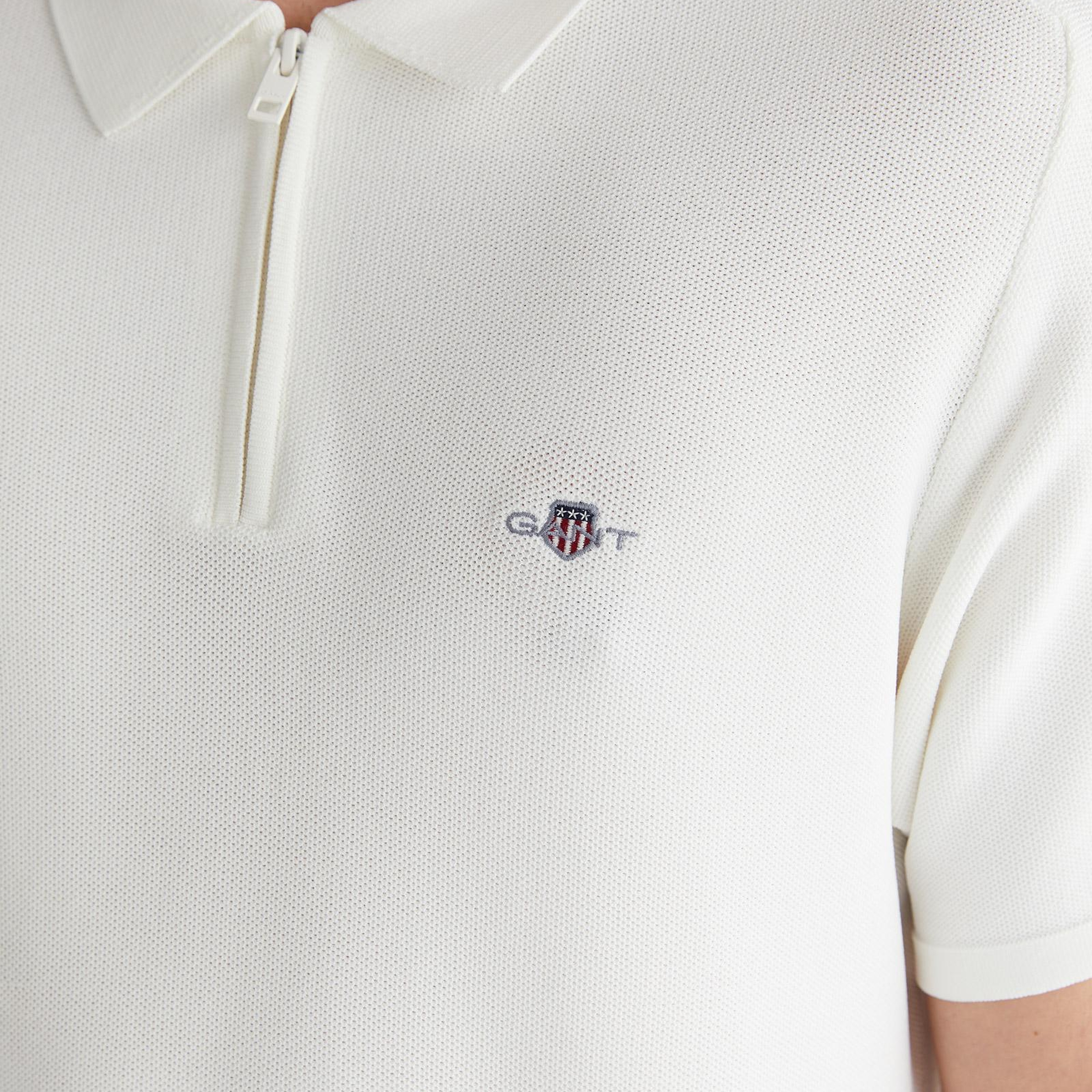 GANT Erkek Beyaz Regular Fit Yarım Fermuarlı Kısa Kollu T-Shirt