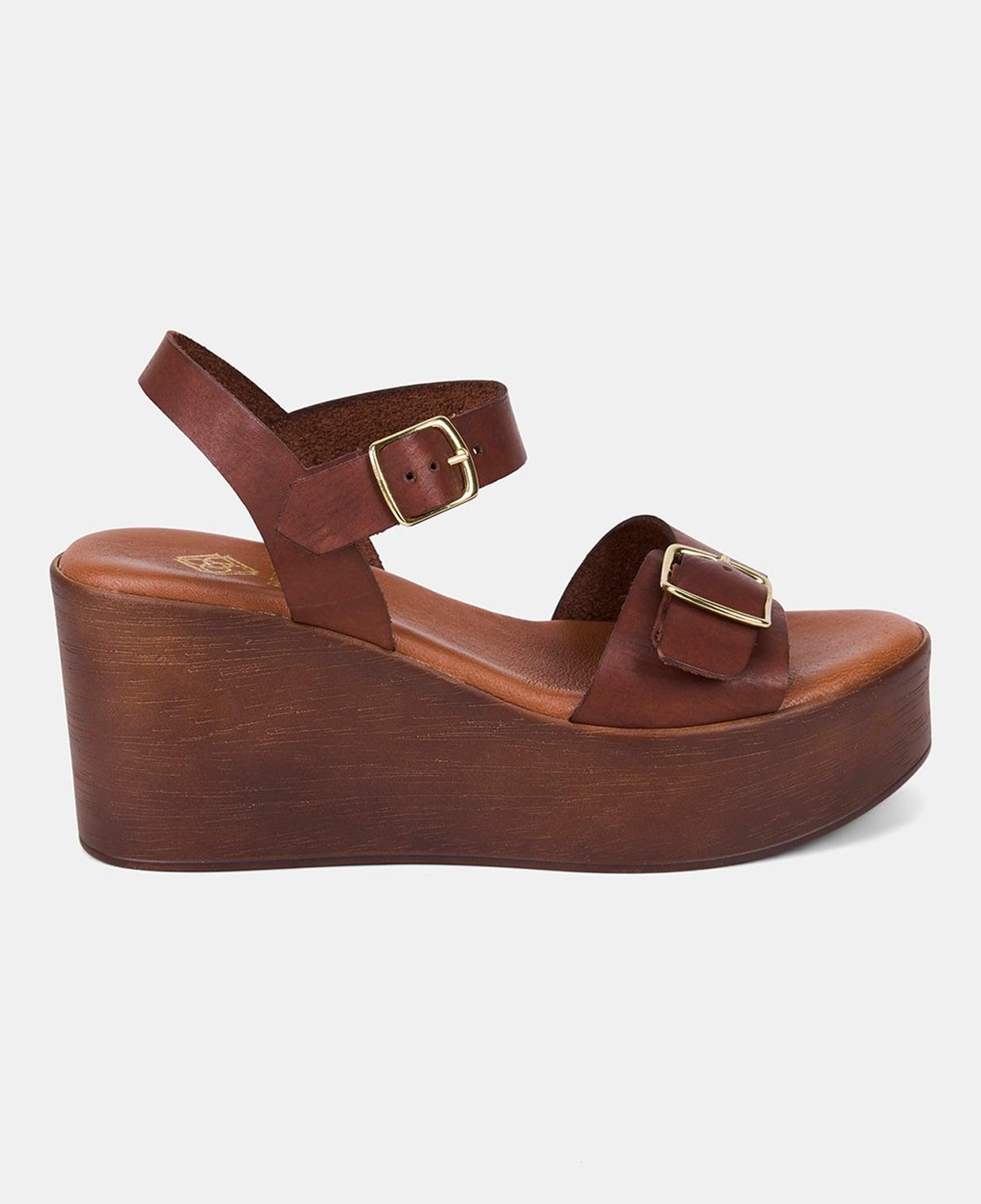 Kadın Taba Kalın Bantlı Dolgu Topuklu Deri Sandalet