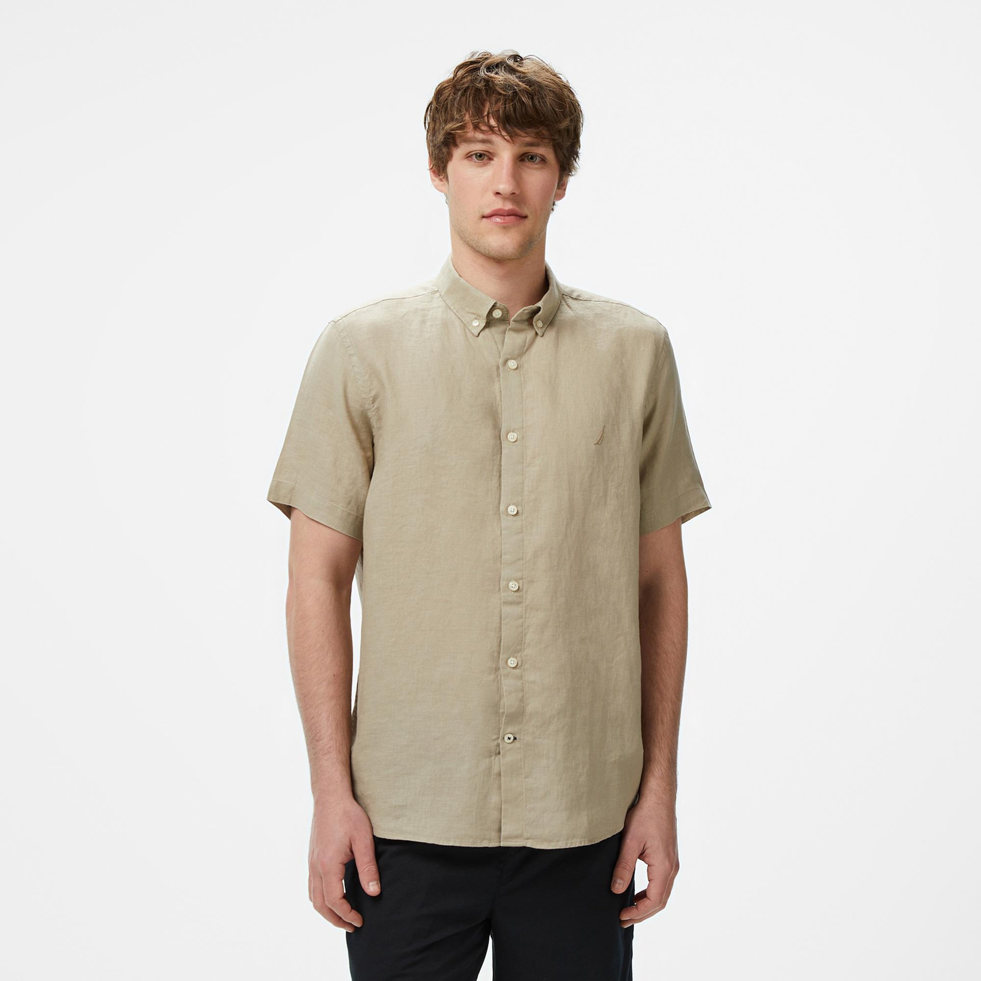 Nautica Erkek Bej Classic Fit Keten Gömlek
