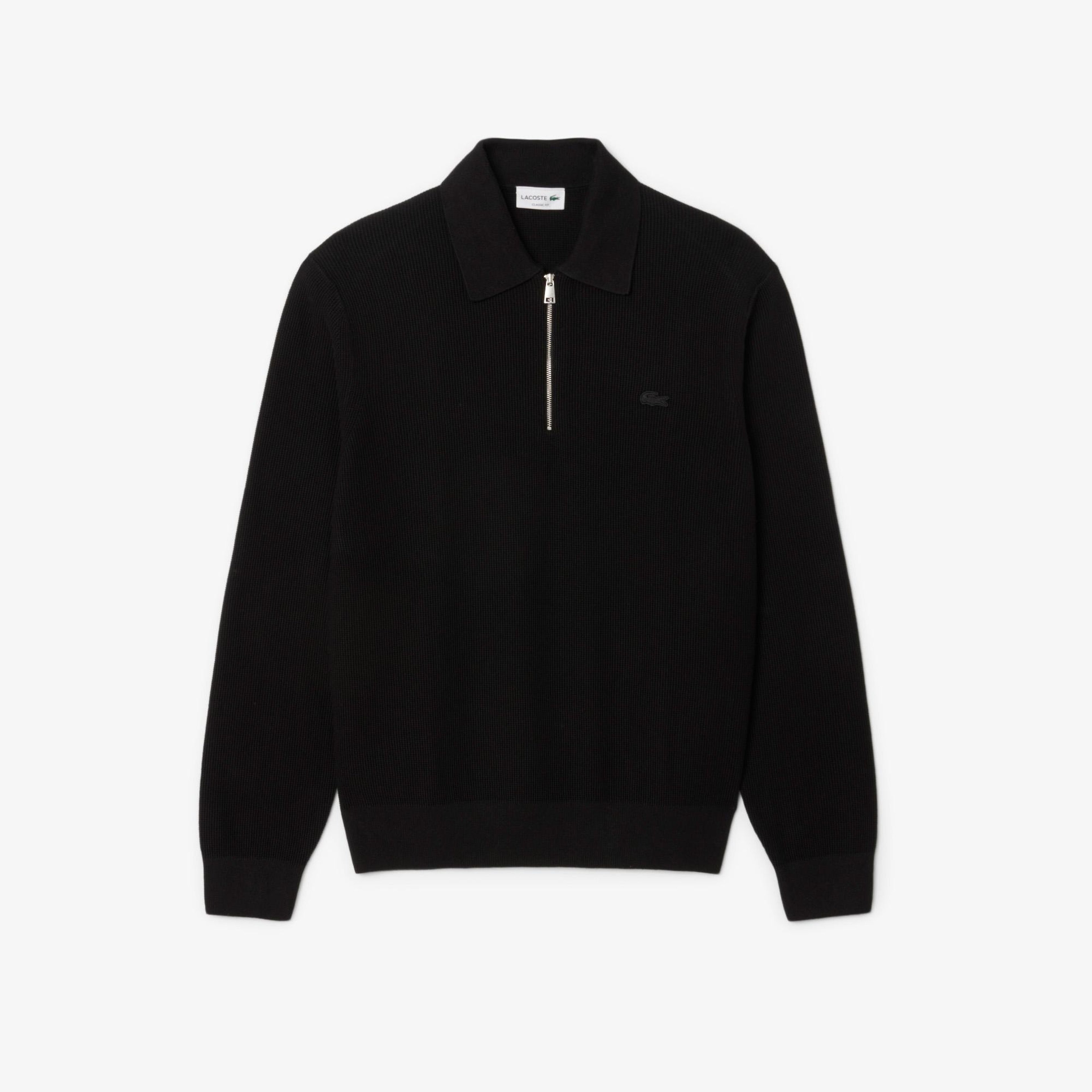 Erkek Classic Fit Yarım Fermuarlı Siyah Kazak