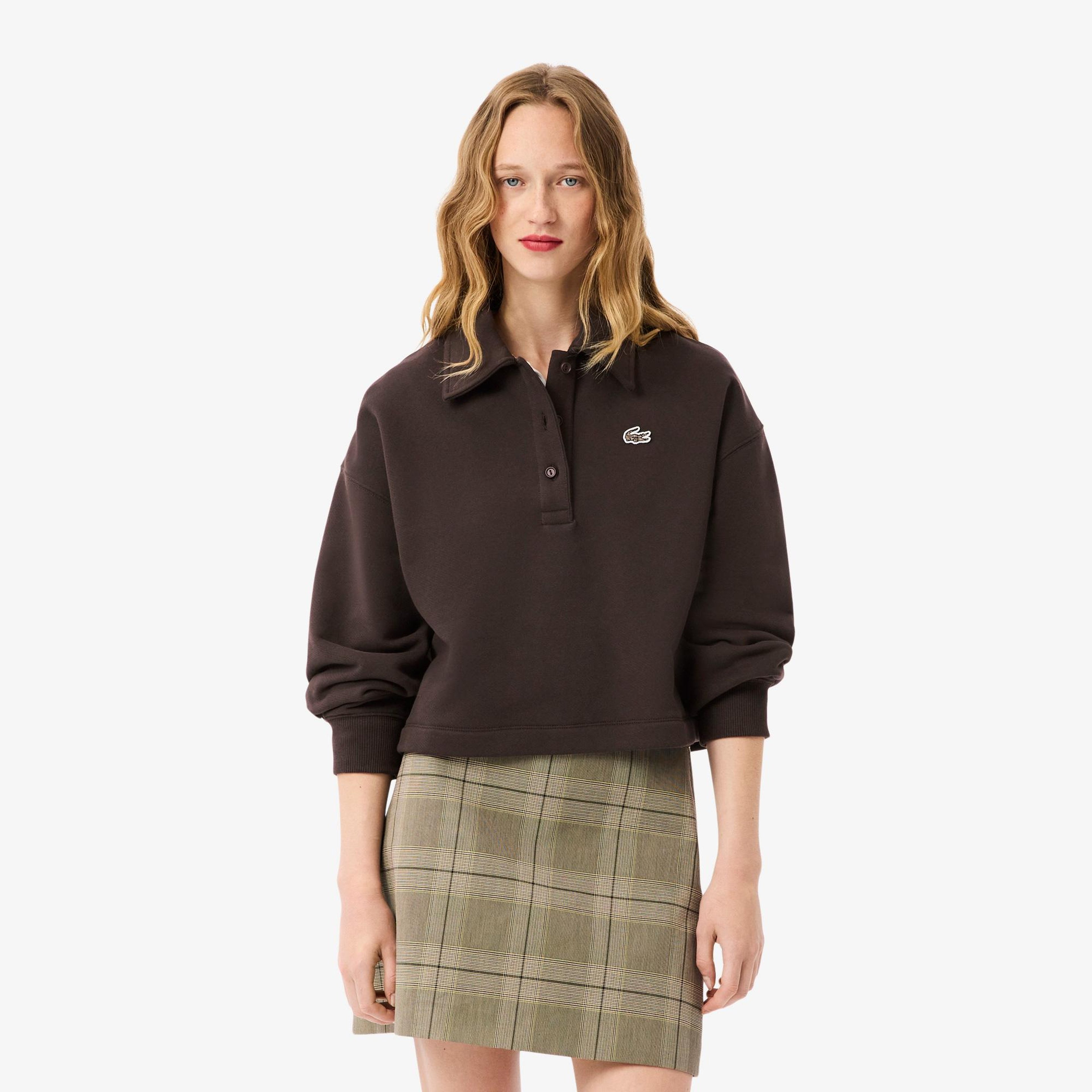 Kadın Oversize Fit Polo Yaka Kahverengi Sweatshirt