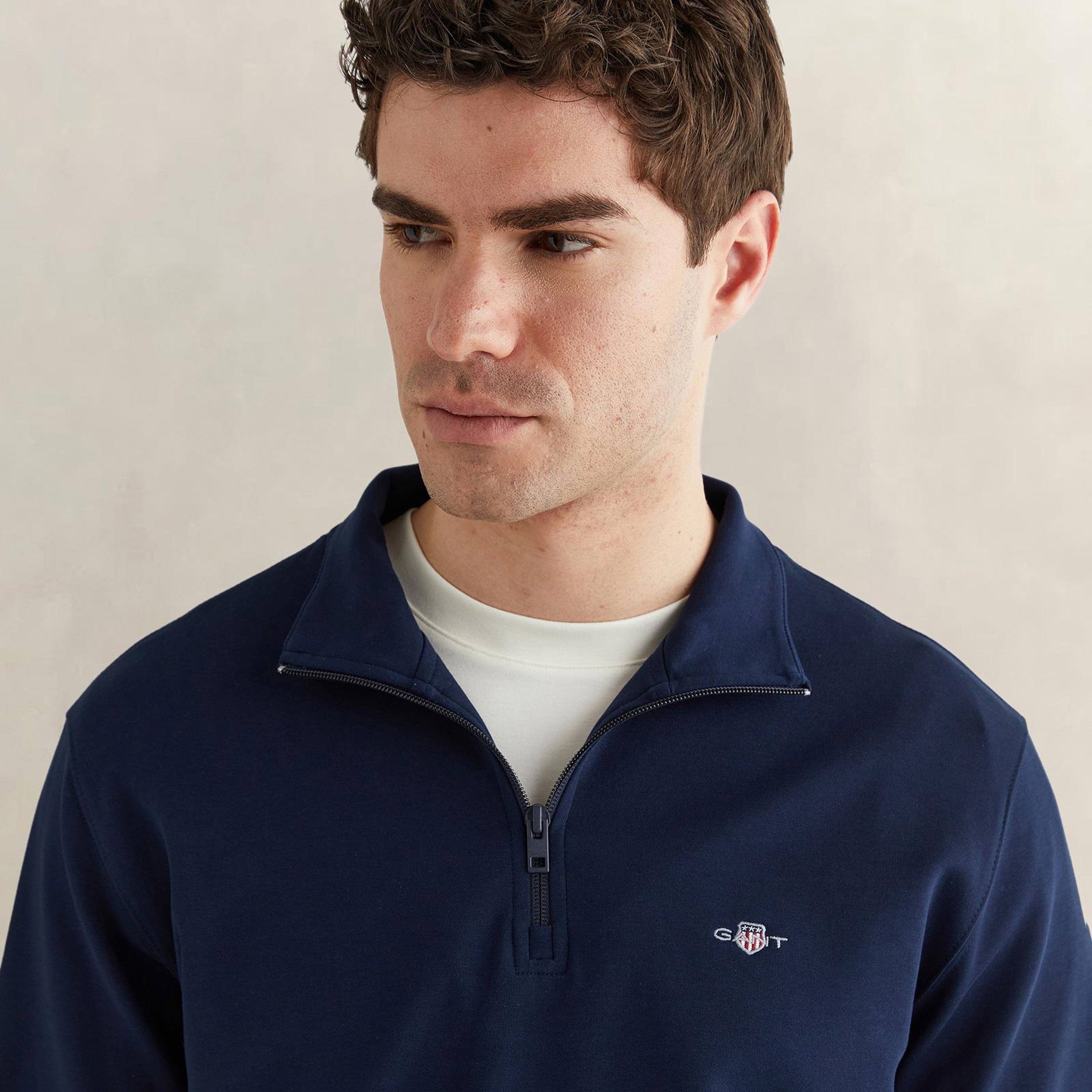 GANT Erkek Lacivert Relaxed Fit Yarım Fermuarlı Logolu Sweatshirt