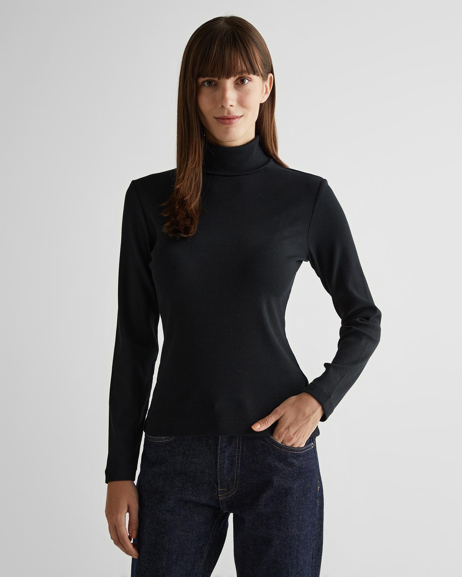 GANT Kadın Siyah Regular Fit Boğazlı Yaka T-Shirt