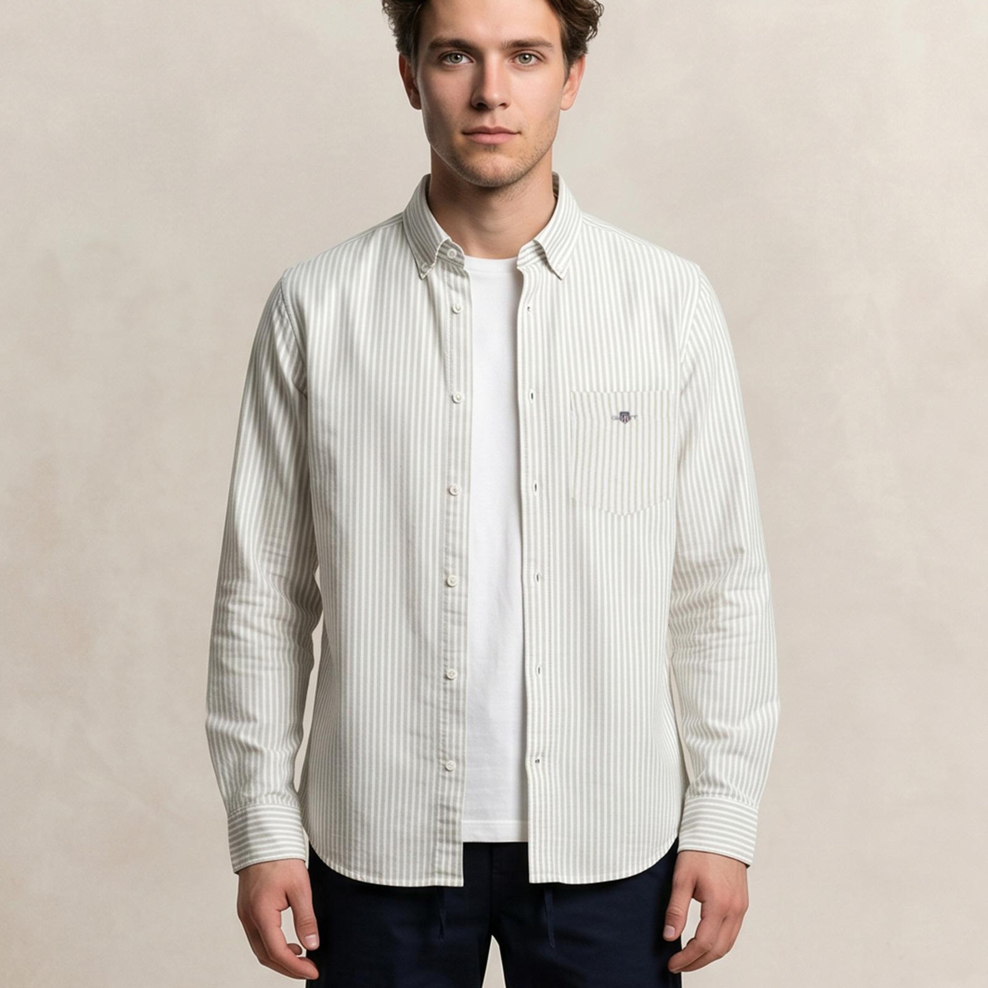 GANT Erkek Yeşil Regular Fit Çizgili Logolu Gömlek