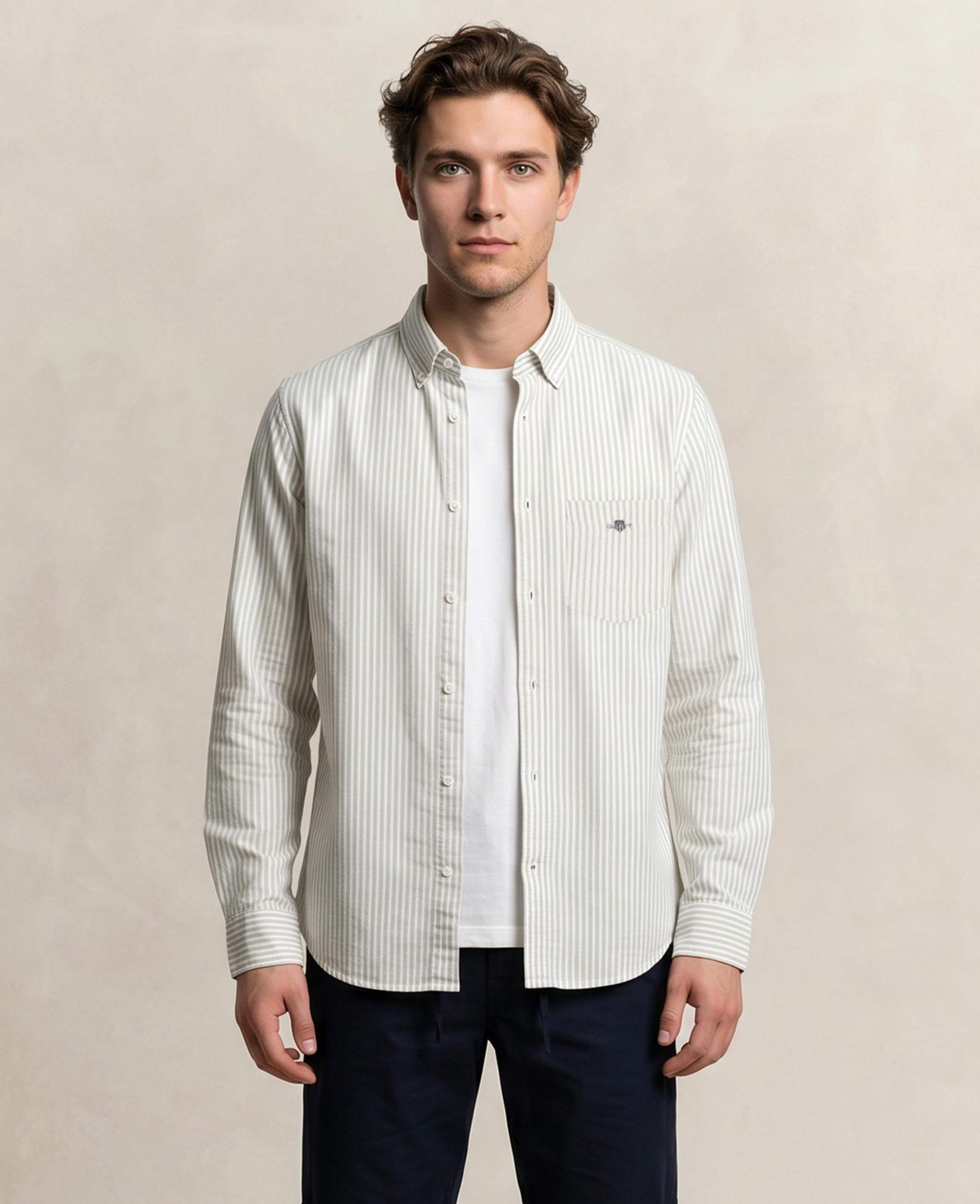 GANT Erkek Yeşil Regular Fit Çizgili Logolu Gömlek
