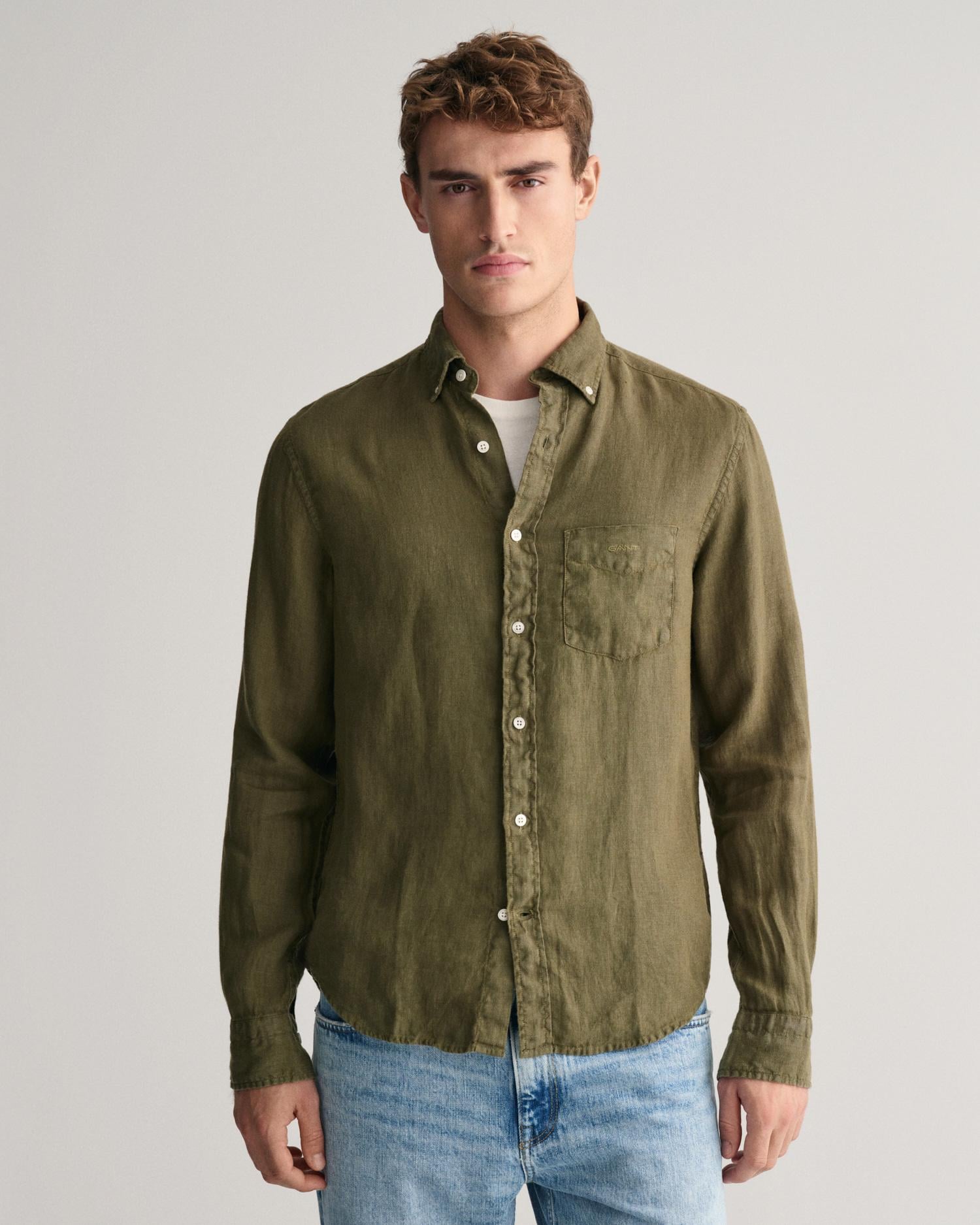 GANT Erkek Yeşil Regular Fit Düğmeli Yaka Keten Gömlek