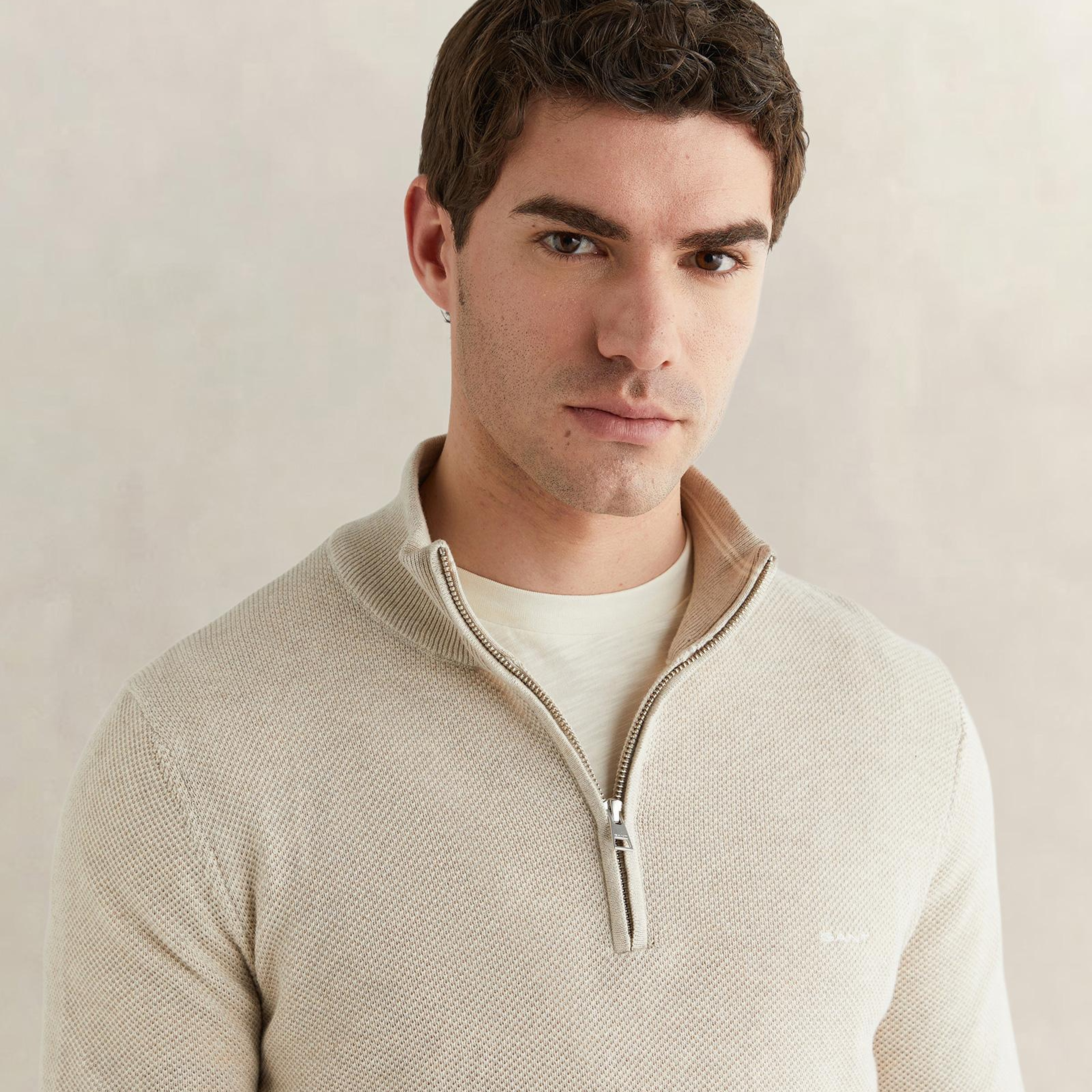 GANT Erkek Bej Regular Fit Yarım Fermuarlı Triko