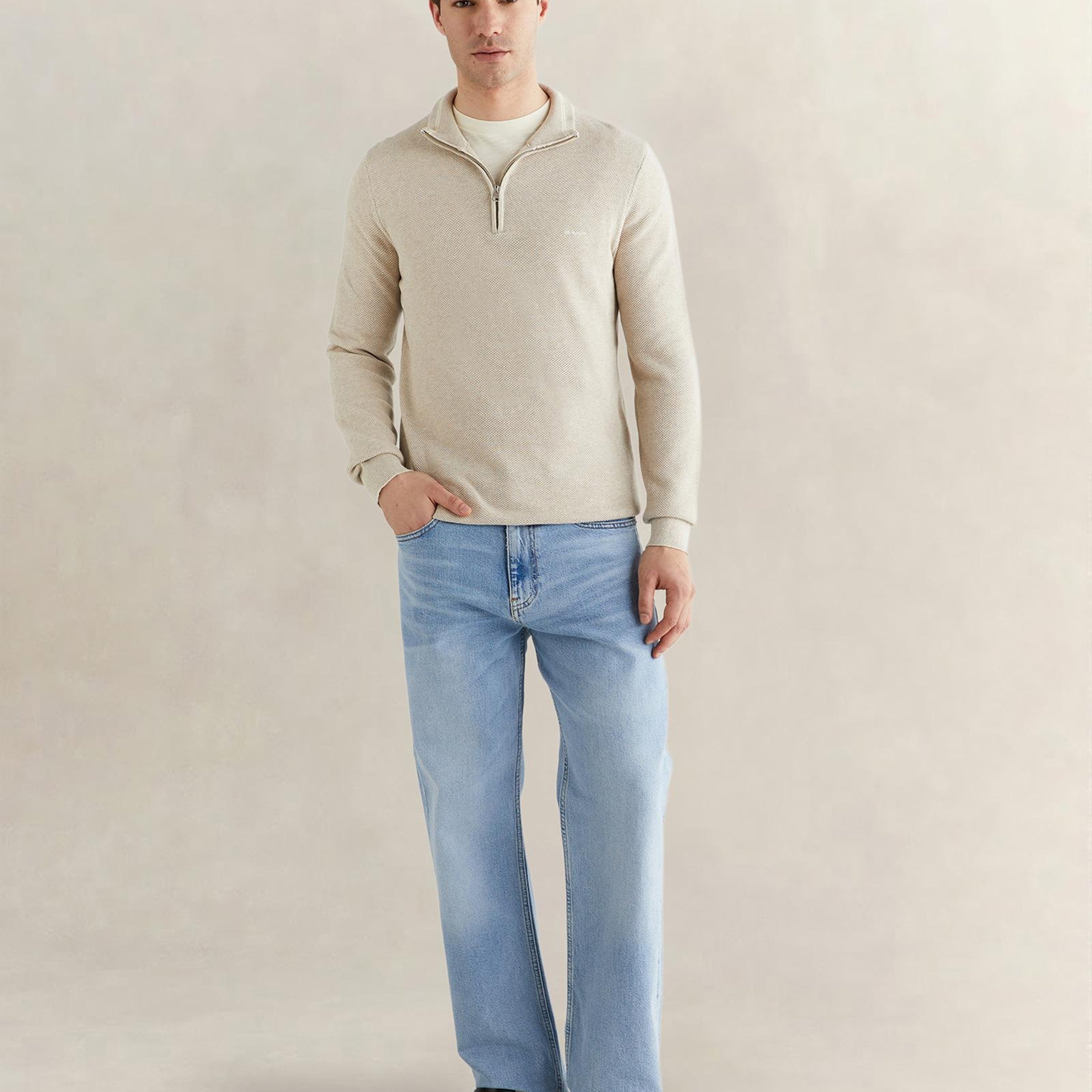 GANT Erkek Bej Regular Fit Yarım Fermuarlı Triko