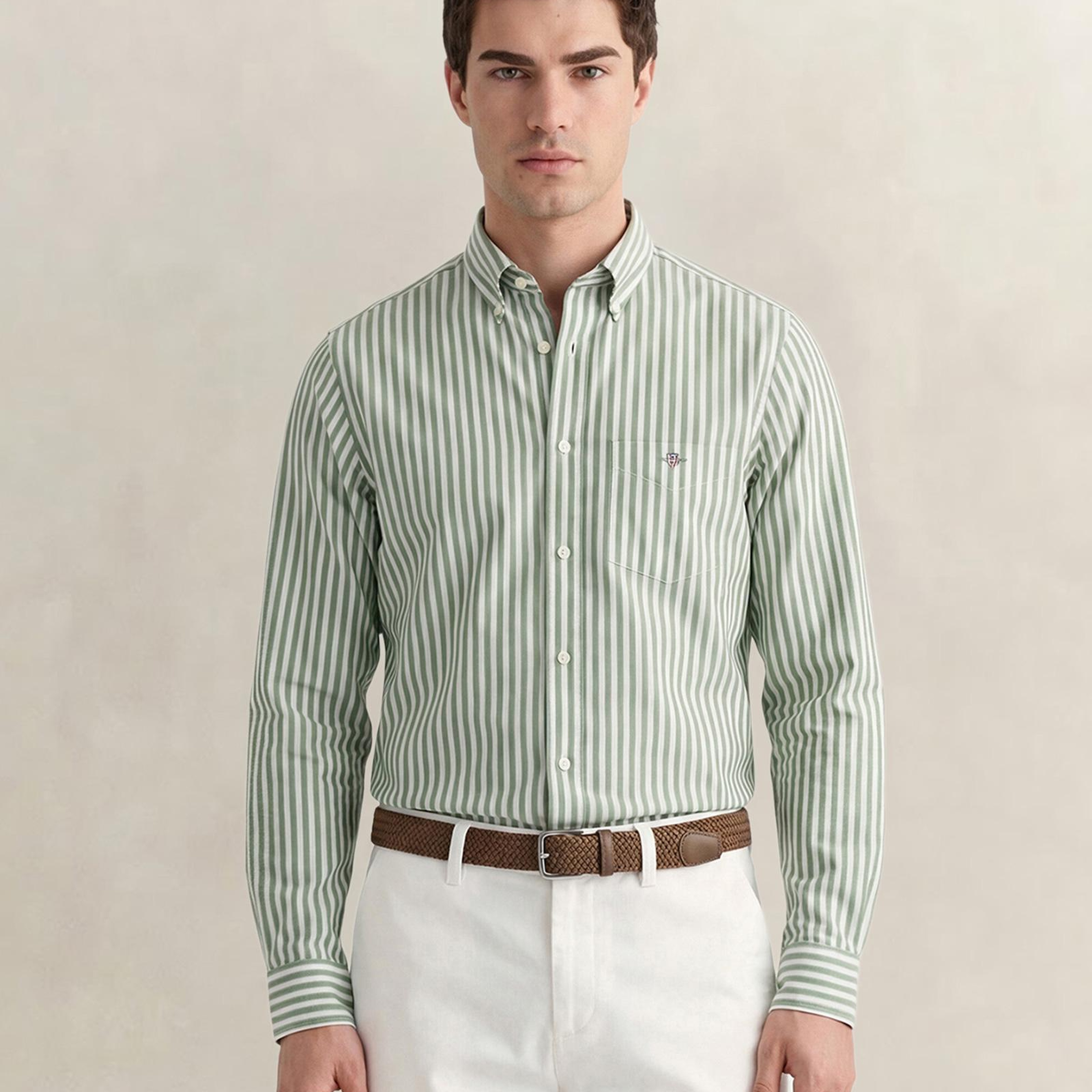 GANT Erkek Yeşil Regular Fit Çizgili Logolu Gömlek