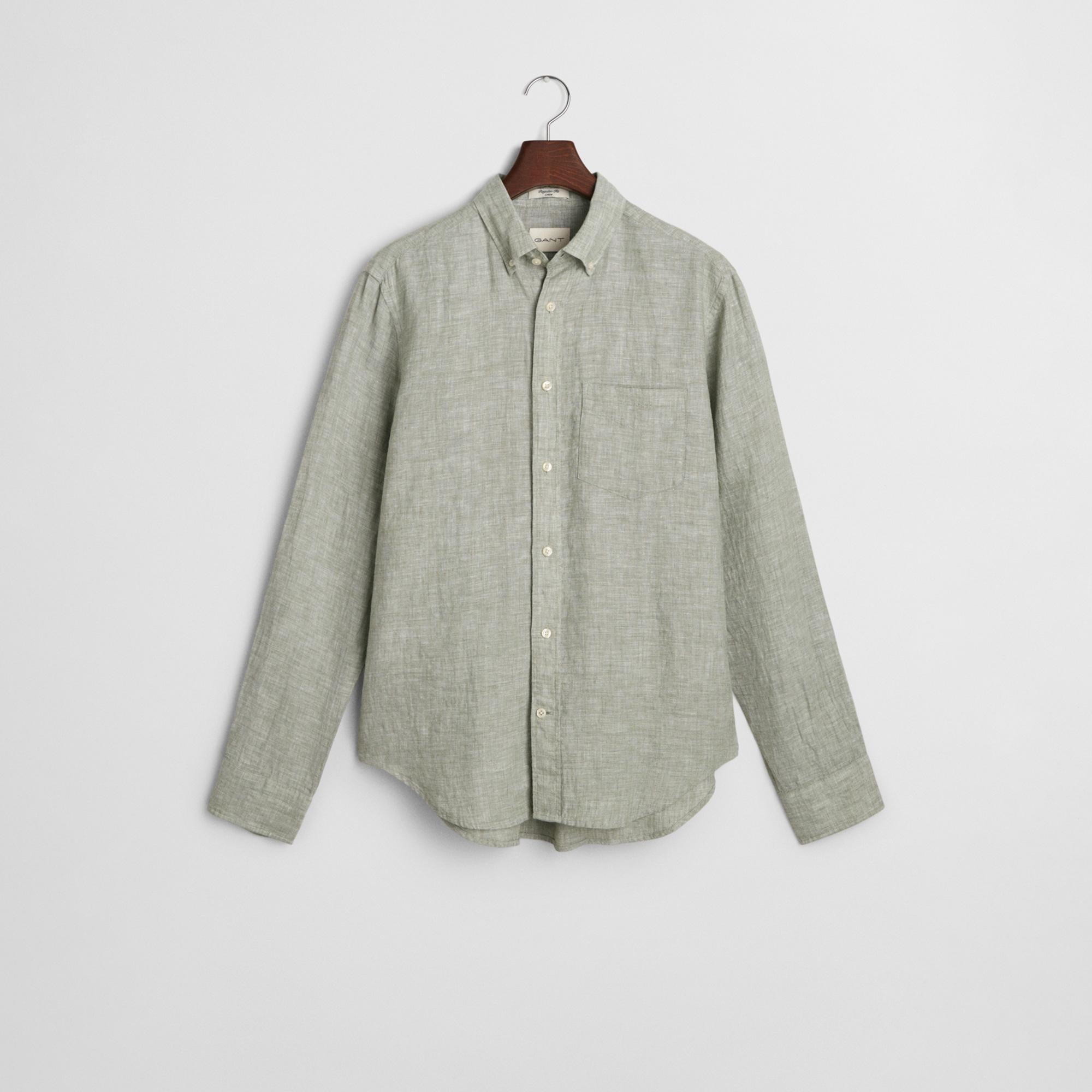 GANT Erkek Yeşil Regular Fit Düğmeli Yaka Keten Gömlek