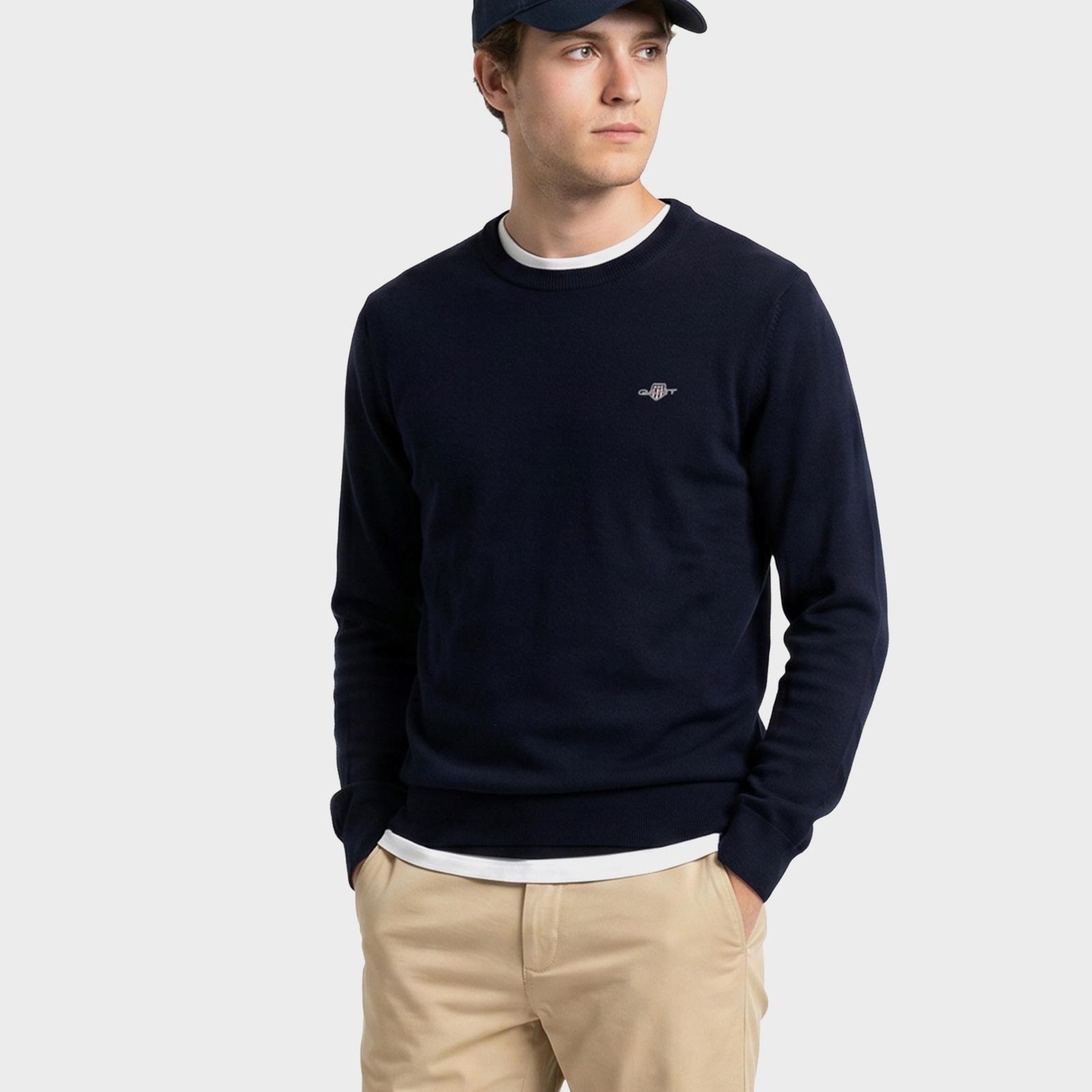 GANT Erkek Lacivert Regular Fit Bisiklet Yaka Logolu Kazak