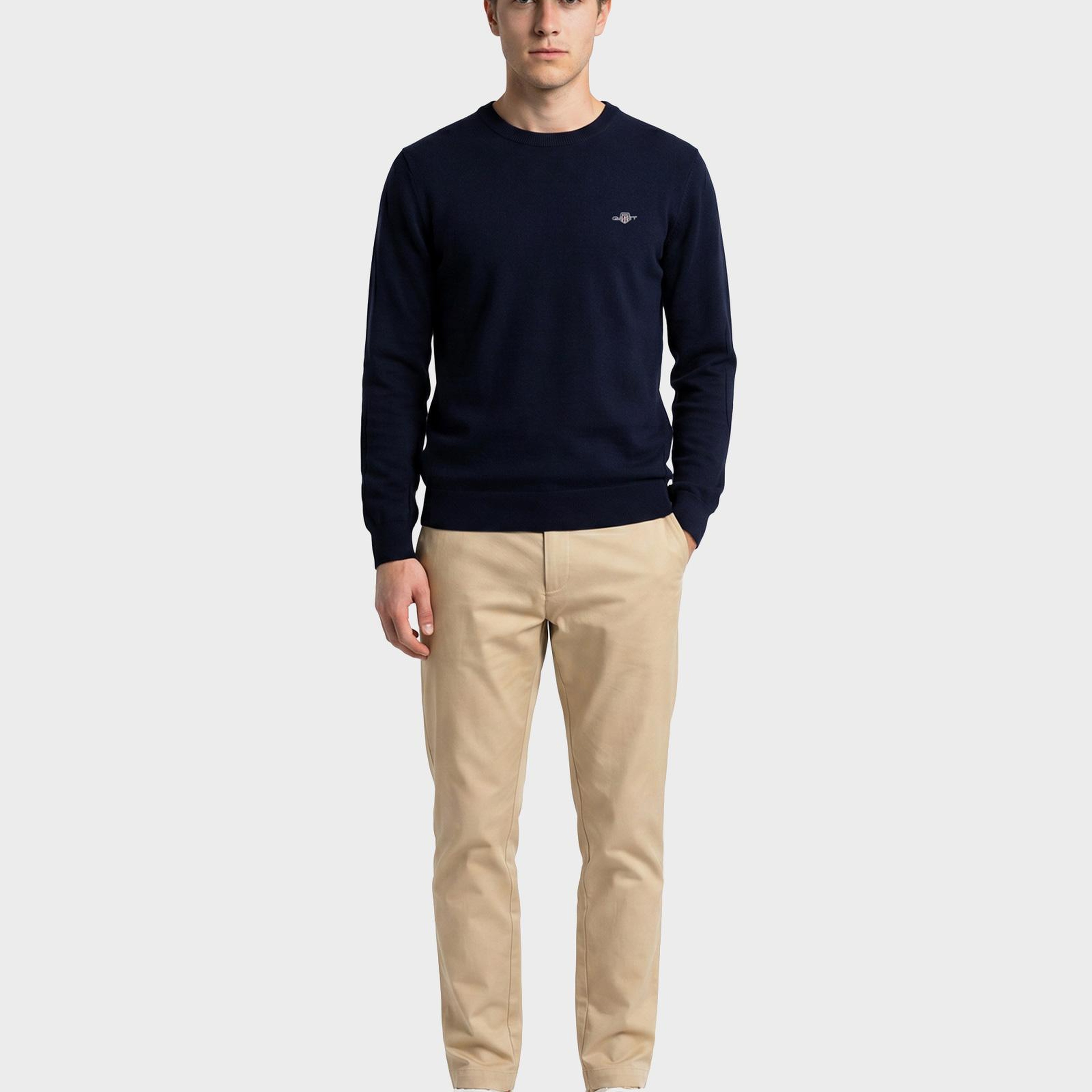 GANT Erkek Lacivert Regular Fit Bisiklet Yaka Logolu Kazak