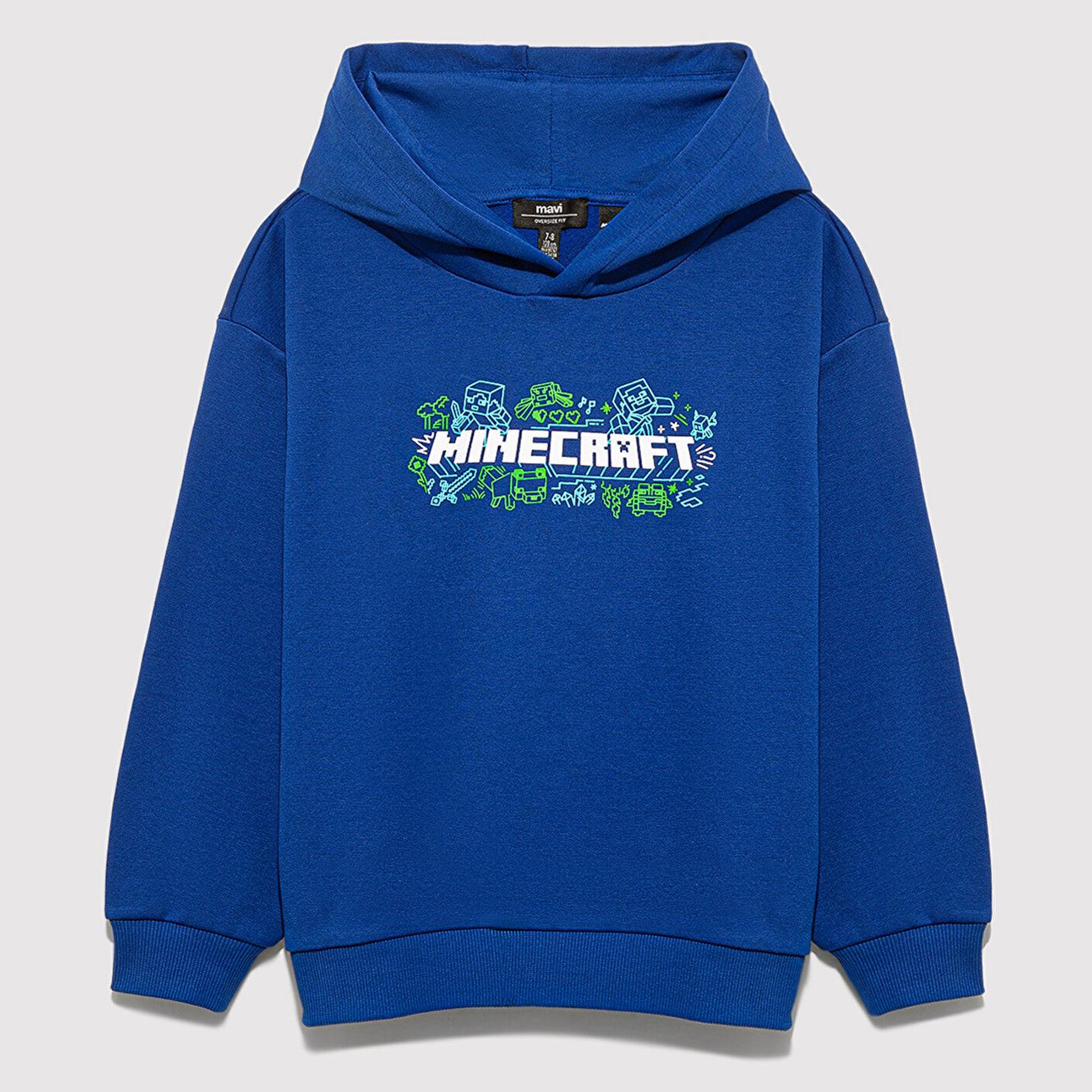 Mavi Minecraft Baskılı Kapüşonlu Mavi Sweatshirt 6S10180-70907