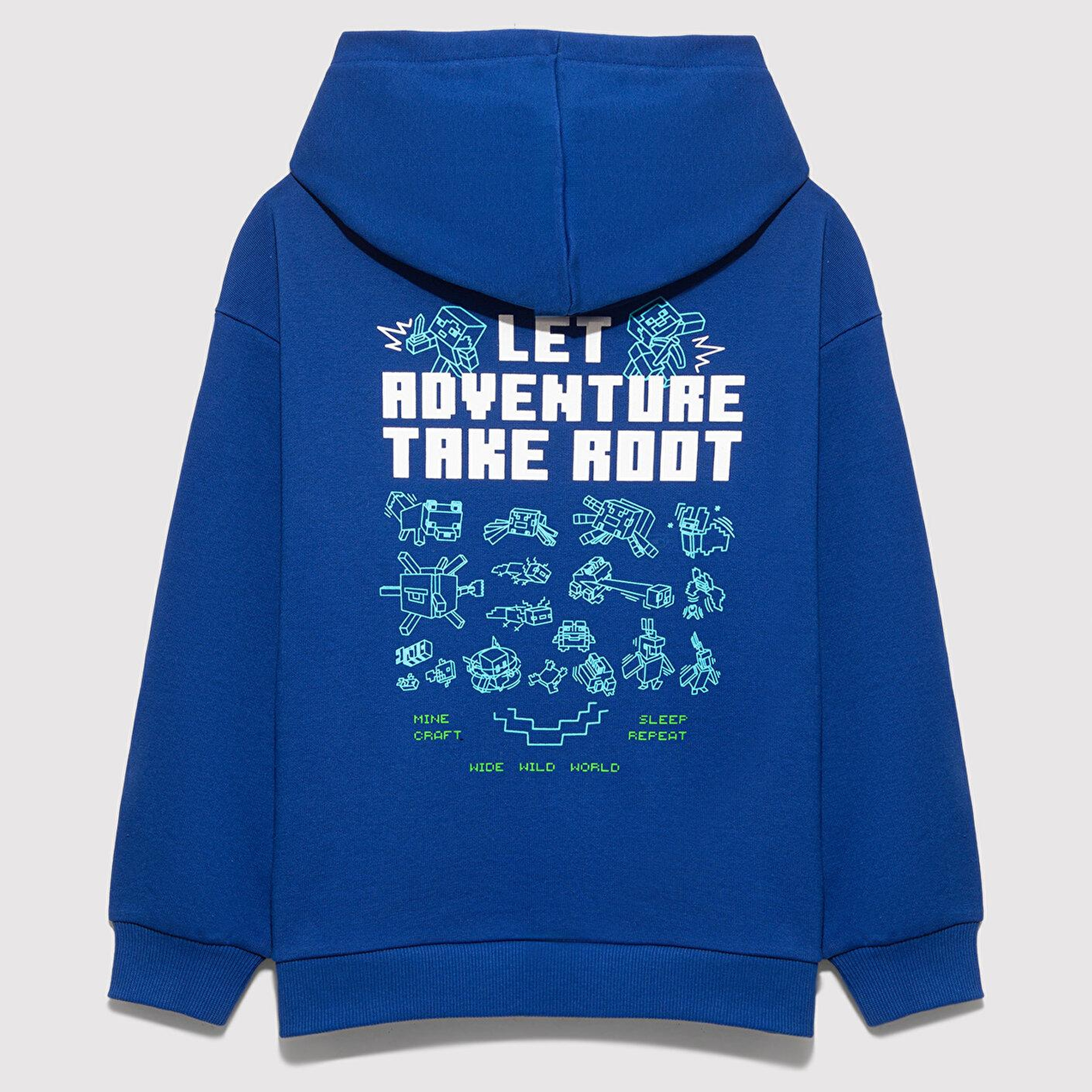 Mavi Minecraft Baskılı Kapüşonlu Mavi Sweatshirt 6S10180-70907