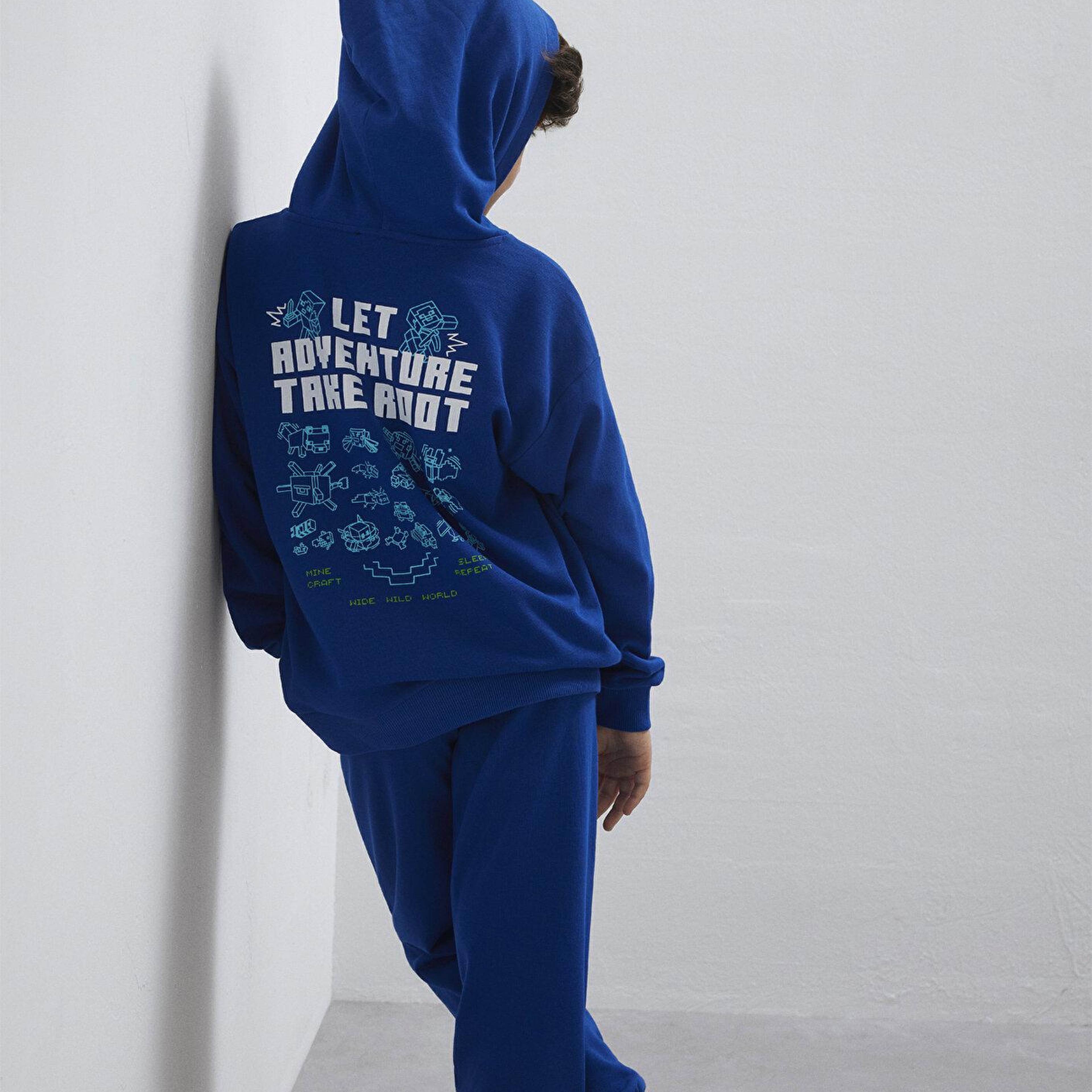 Mavi Minecraft Baskılı Kapüşonlu Mavi Sweatshirt 6S10180-70907