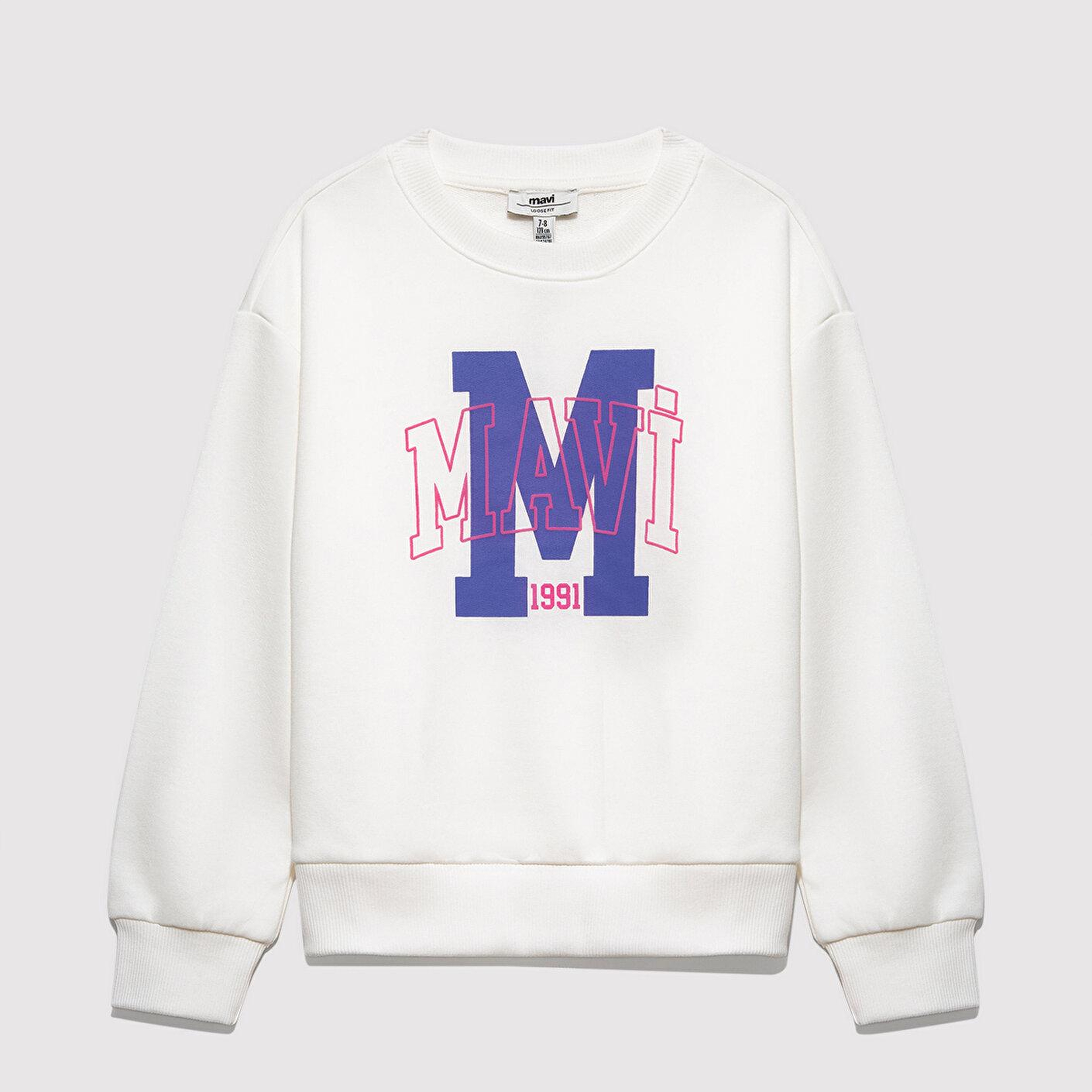 Mavi M Logo Baskılı Ekru Sweatshirt 7S10118-70057