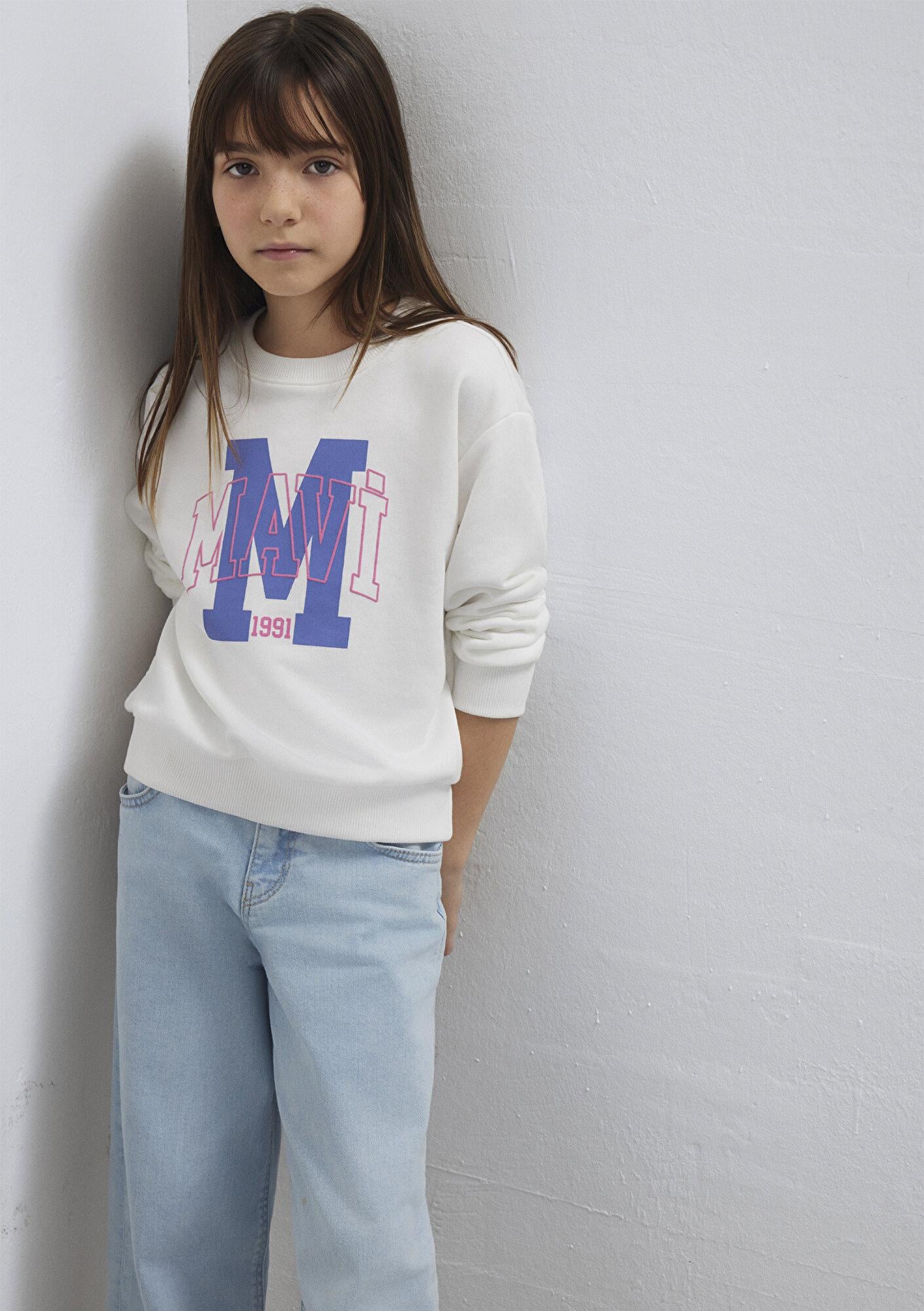 Mavi M Logo Baskılı Ekru Sweatshirt 7S10118-70057
