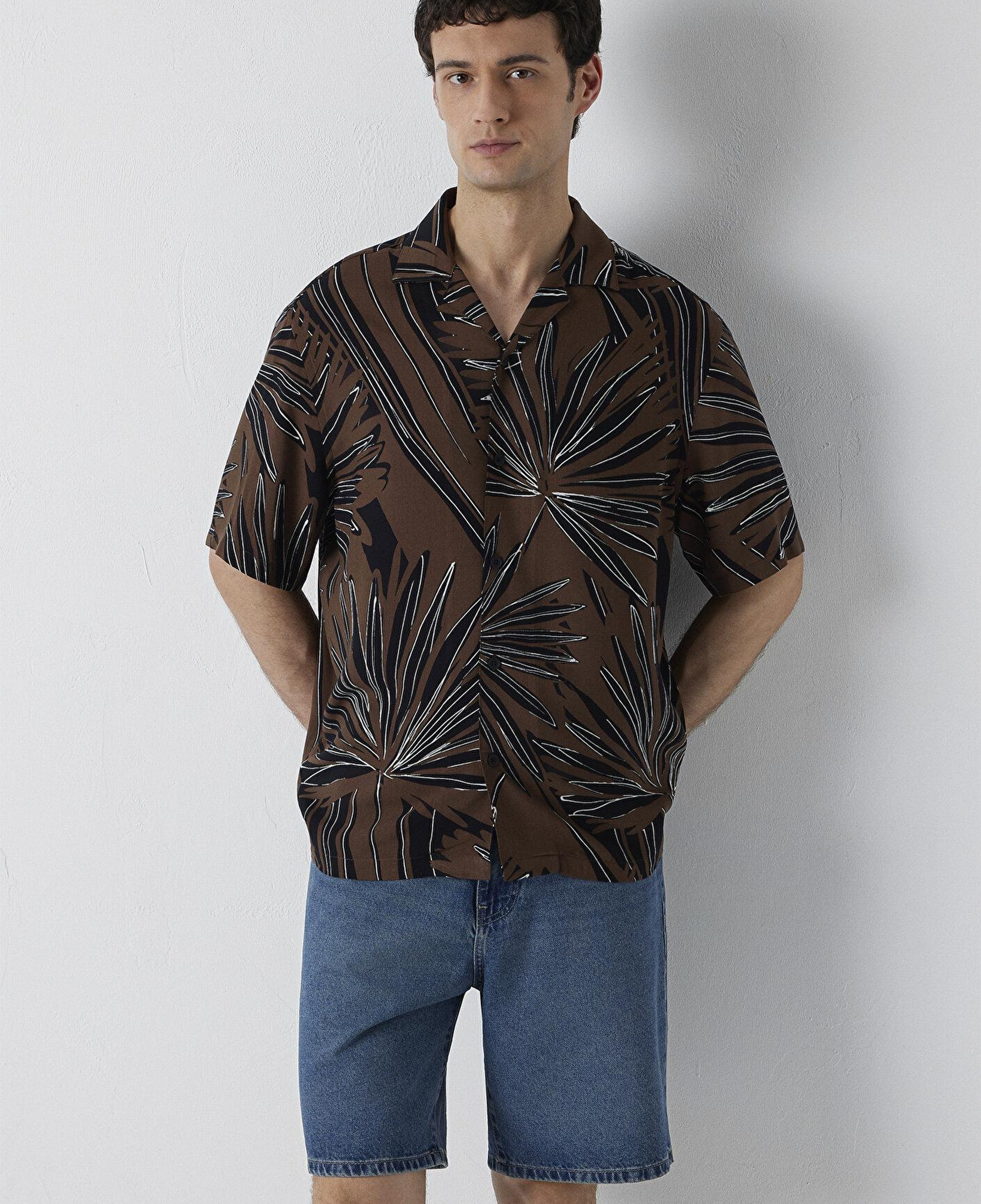 Mavi Baskılı Kahverengi Gömlek Loose Fit / Bol Rahat Kesim 0212003-91558