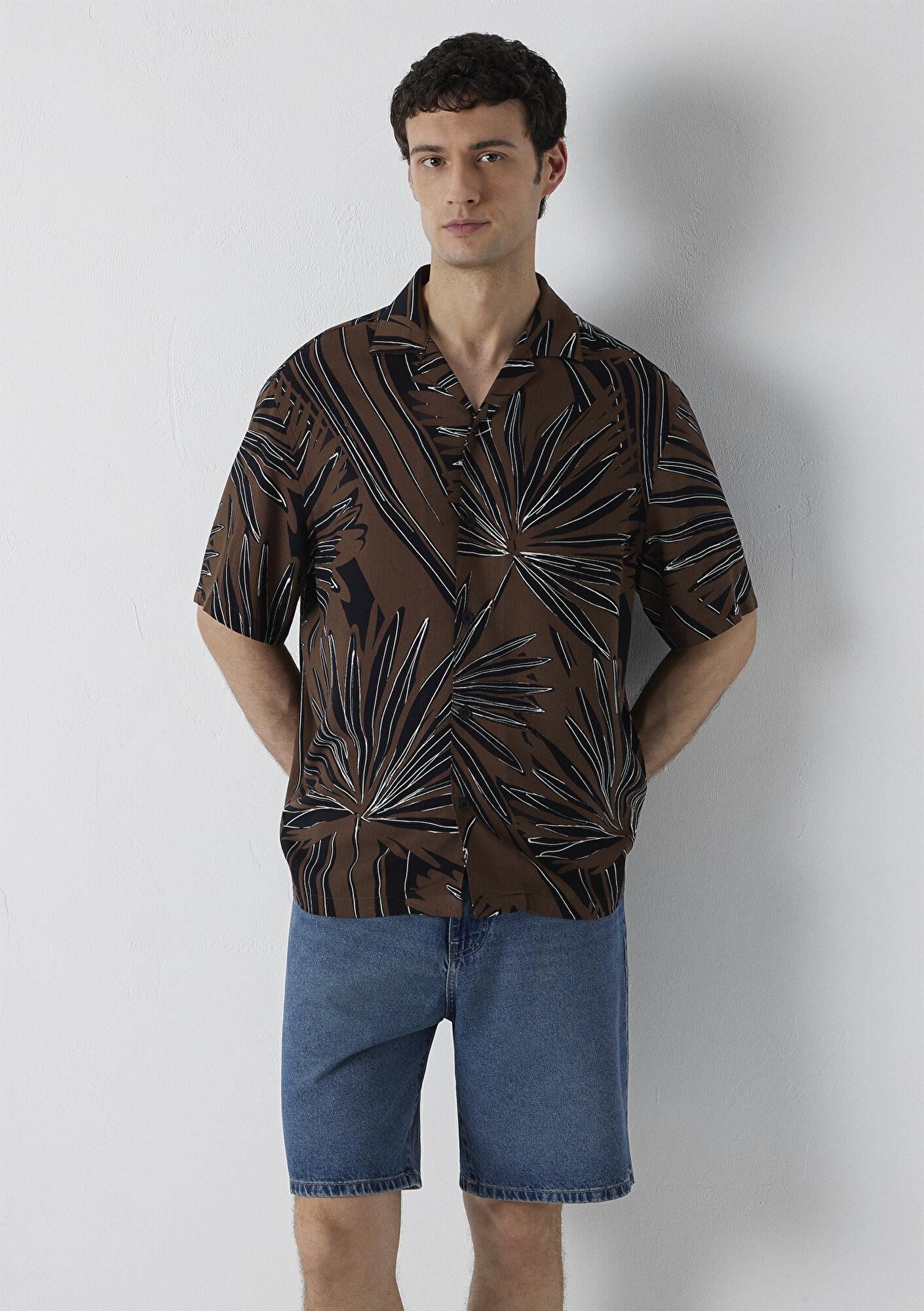 Mavi Baskılı Kahverengi Gömlek Loose Fit / Bol Rahat Kesim 0212003-91558