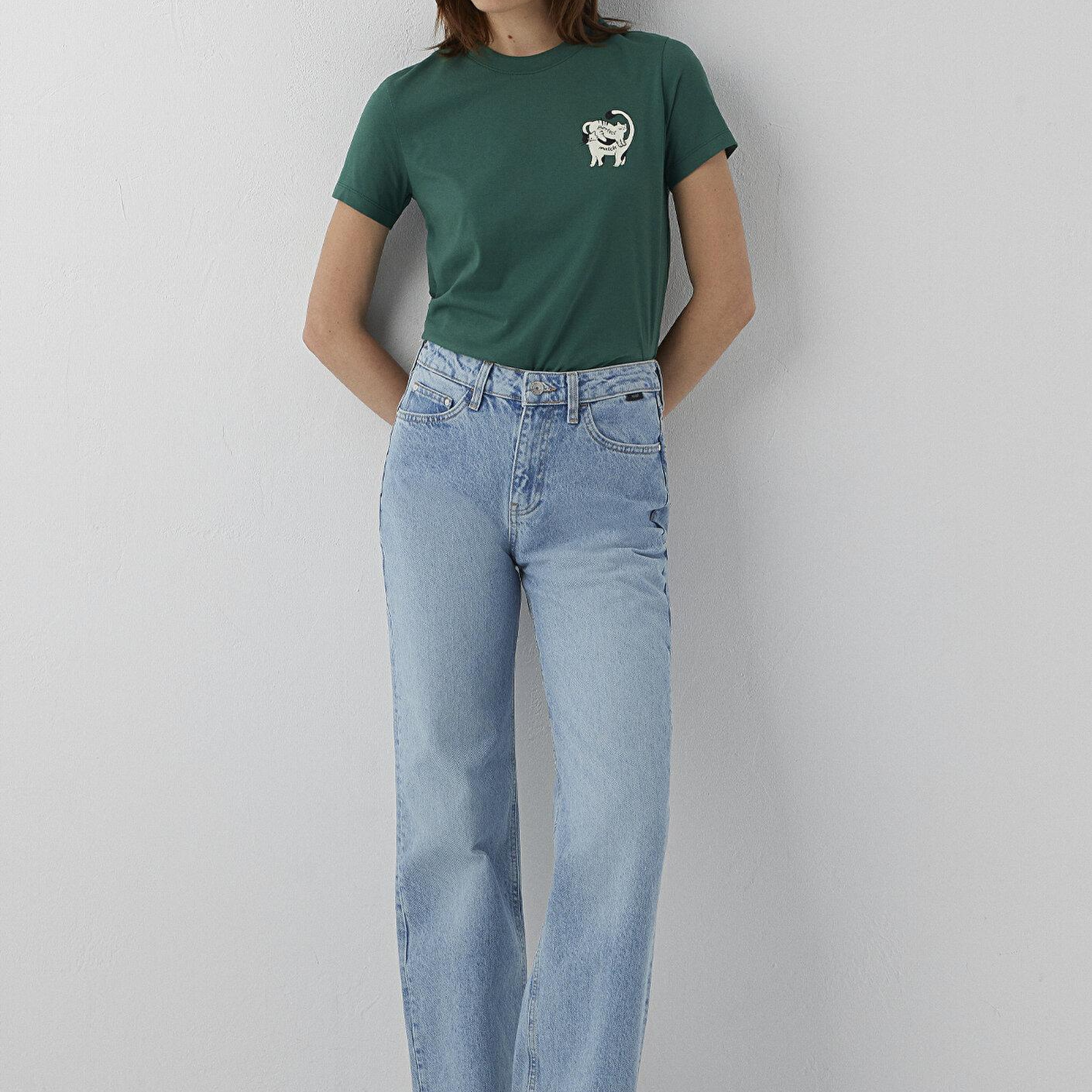 Mavi Kedi Baskılı Yeşil Tişört Slim Fit / Dar Kesim 1614138-71874