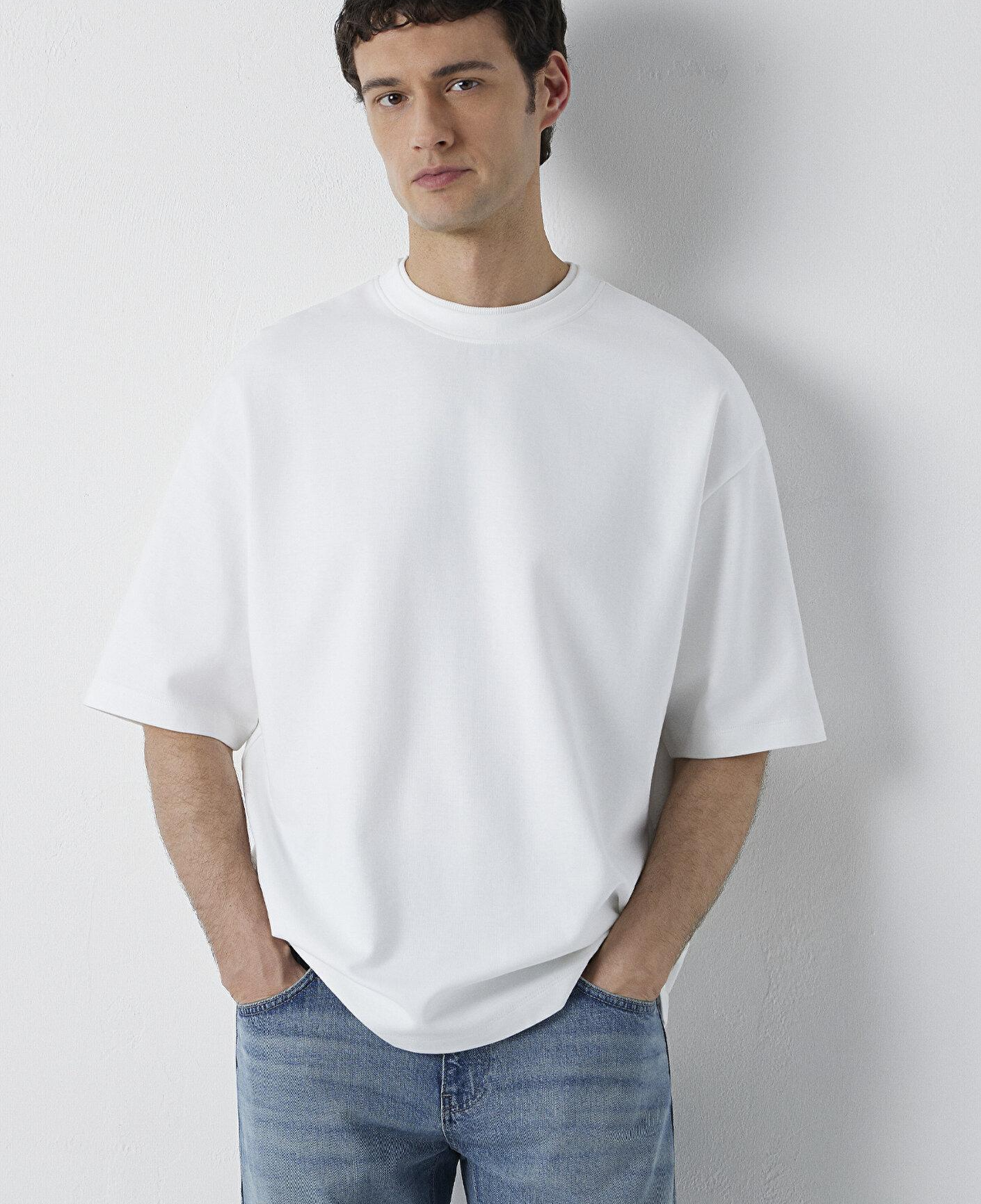 Mavi Ekru Tişört Oversize / Geniş Kesim 0613542-70057