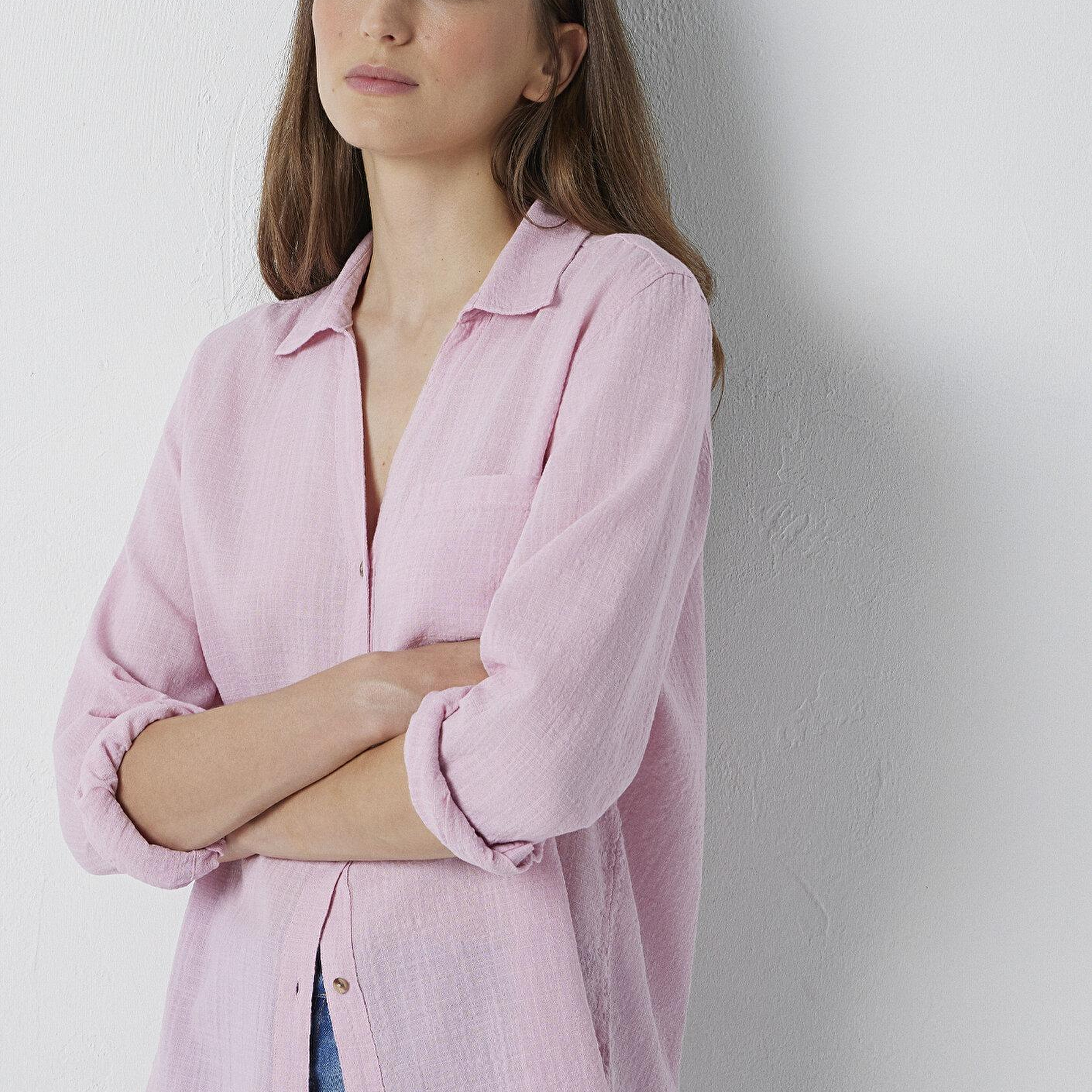 Mavi Dokulu Pembe Gömlek Loose Fit / Bol Rahat Kesim 1211114-71015