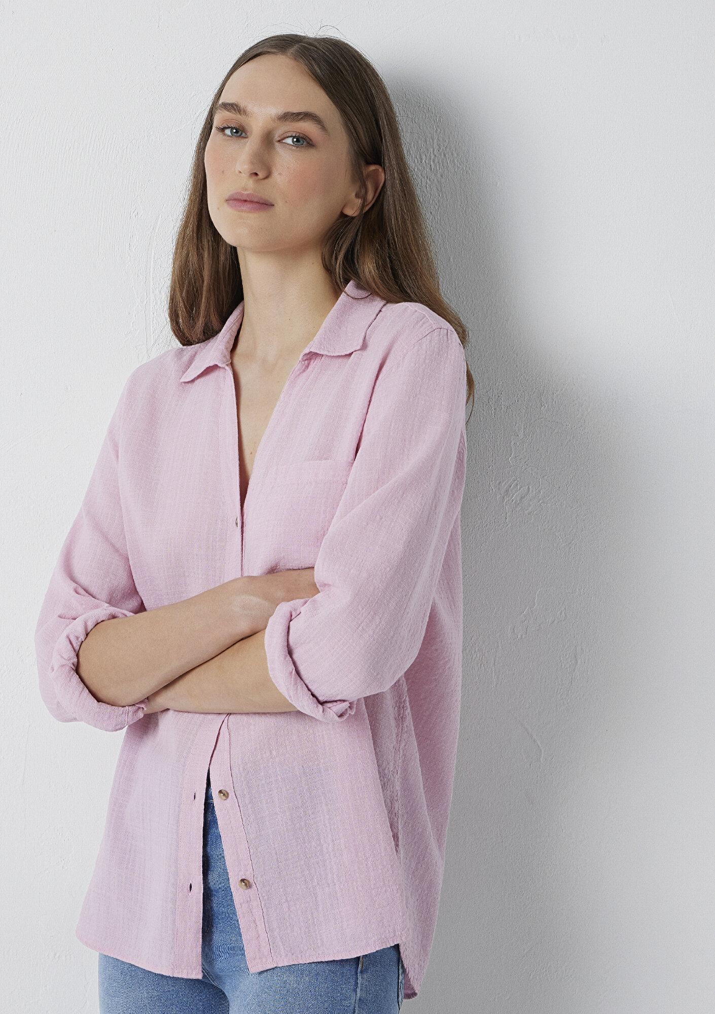 Mavi Dokulu Pembe Gömlek Loose Fit / Bol Rahat Kesim 1211114-71015